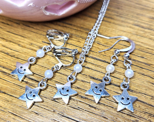 Smiley Star Silver Tone Necklace and Earrings Set. Limited Edition. Childrens Jewellery. Nickel Free Wires or Clip On