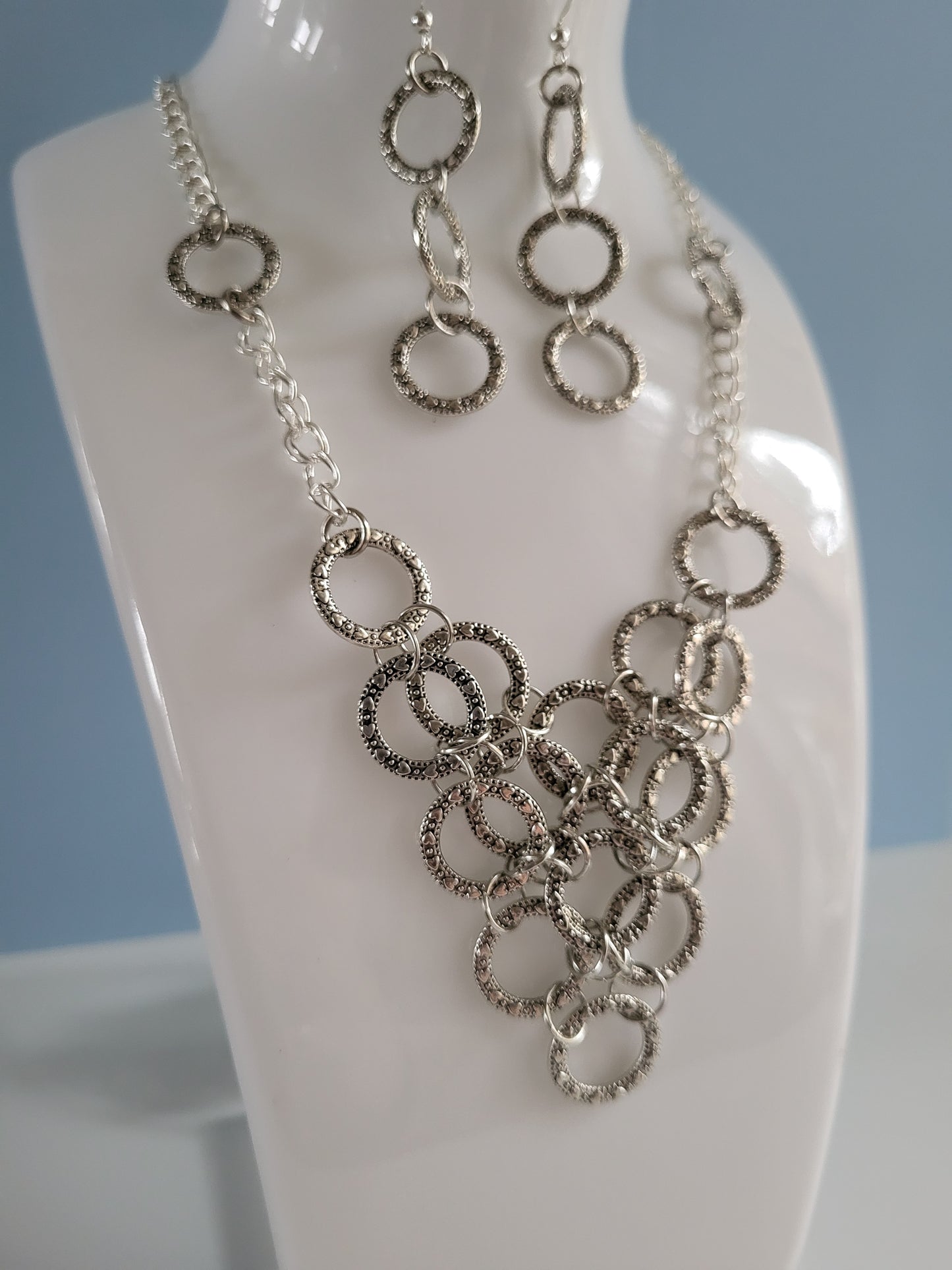 Silver Tone Heart Ring Earring and Necklace Set.  One of a Kind