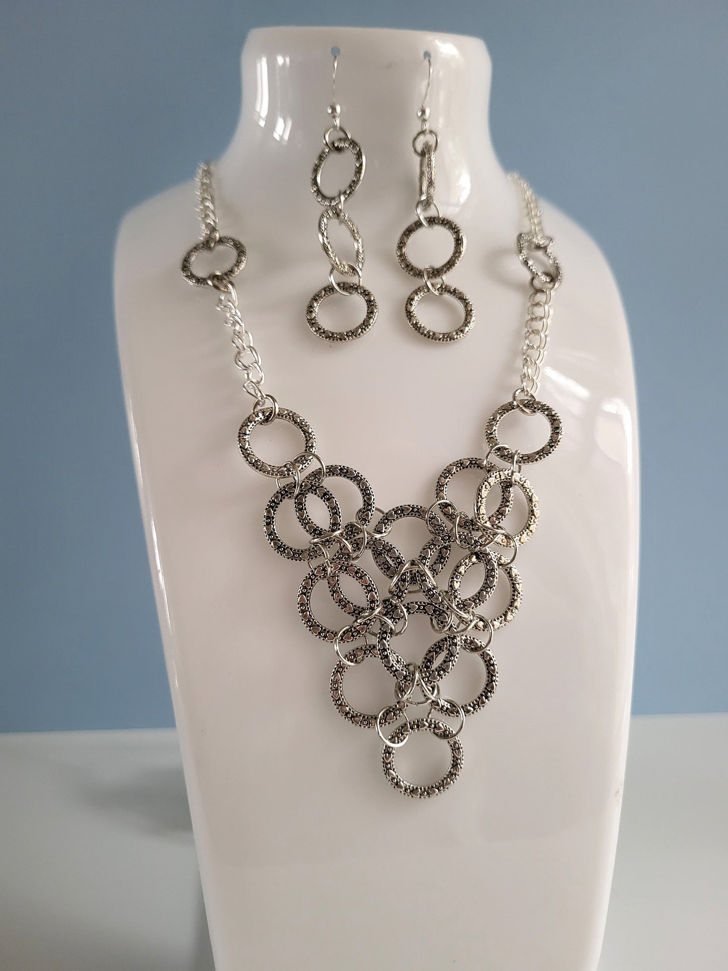 Silver Tone Heart Ring Earring and Necklace Set.  One of a Kind