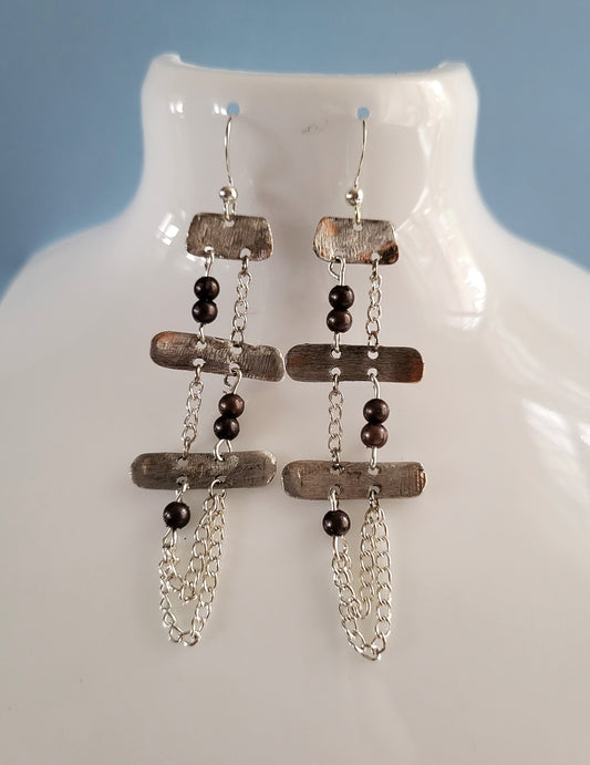 Silver Tone Strip Earrings with Dark Beads and Chain Detail. Recycled, Upcycled, One of a Kind