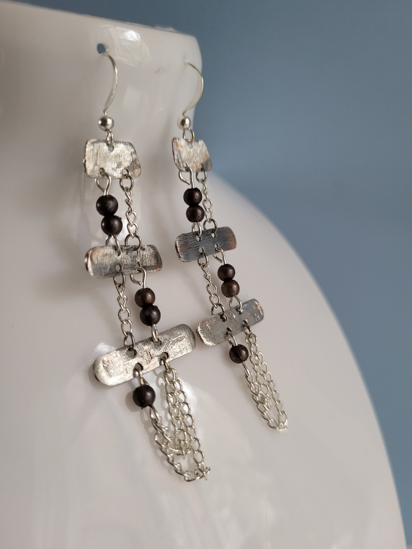 Silver Tone Strip Earrings with Dark Beads and Chain Detail. Recycled, Upcycled, One of a Kind