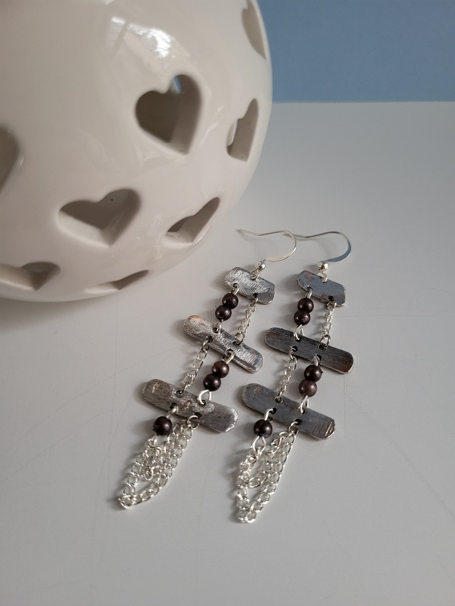 Silver Tone Strip Earrings with Dark Beads and Chain Detail. Recycled, Upcycled, One of a Kind