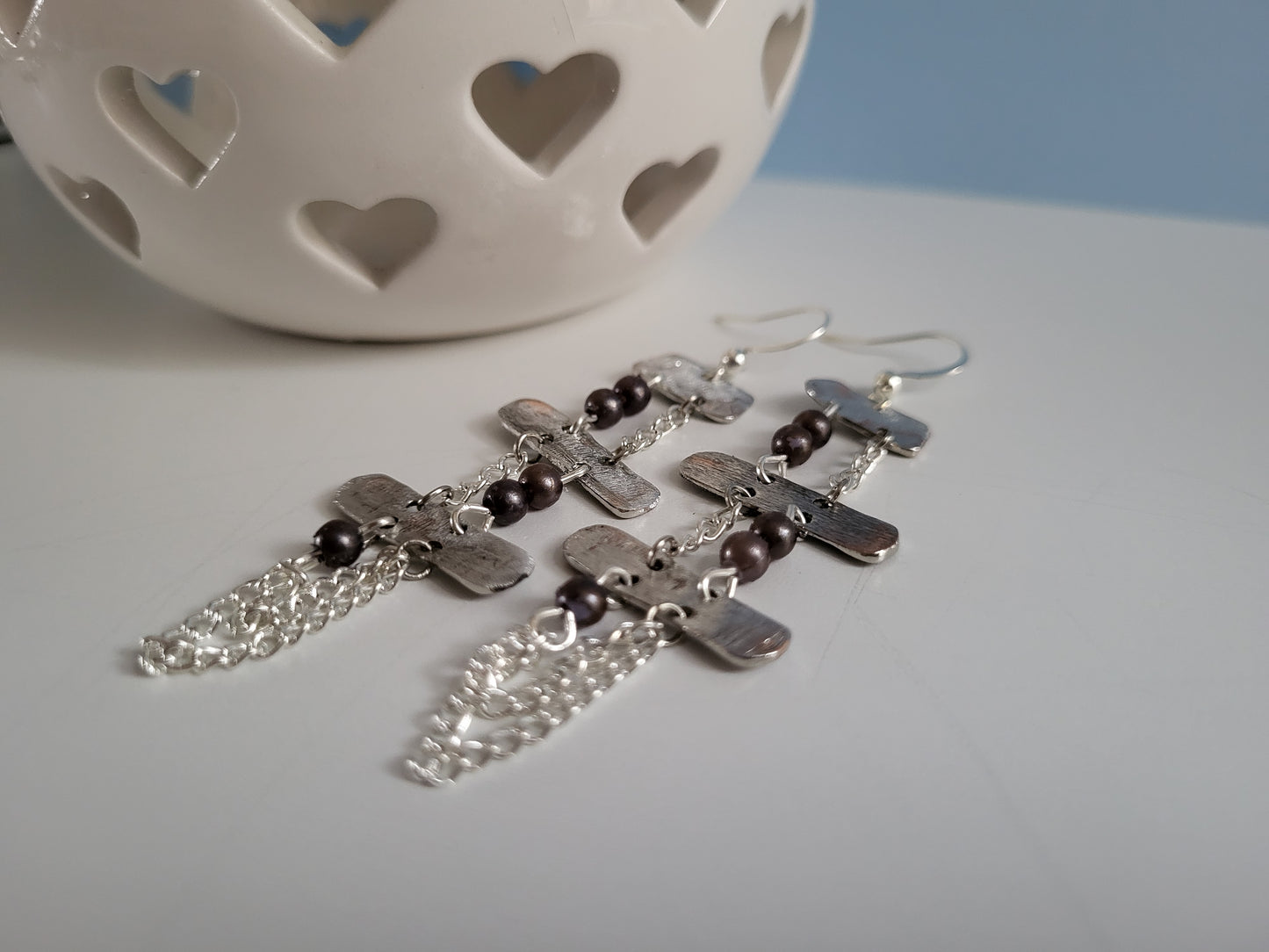 Silver Tone Strip Earrings with Dark Beads and Chain Detail. Recycled, Upcycled, One of a Kind