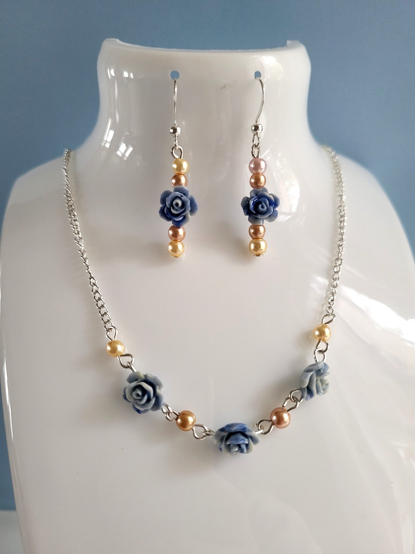 Blue Rose and Faux Pearl Earring and Necklace Set. One of a Kind