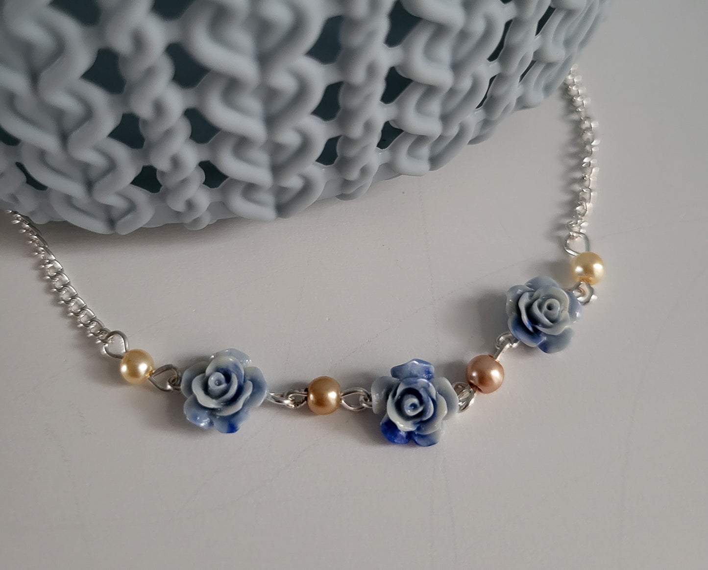 Blue Rose and Faux Pearl Earring and Necklace Set. One of a Kind