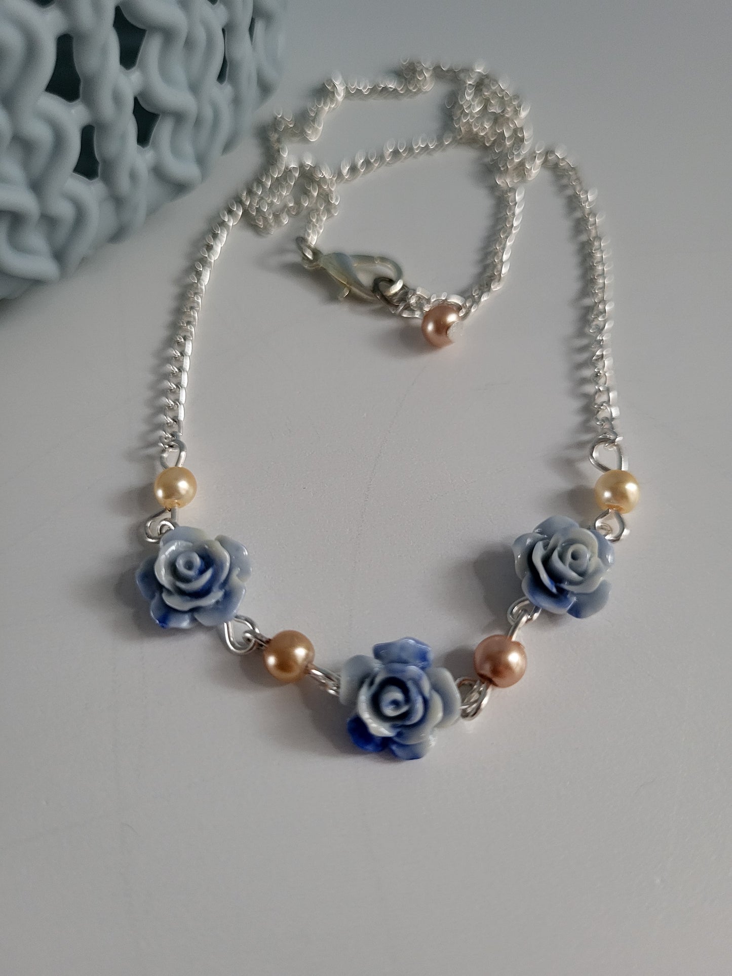 Blue Rose and Faux Pearl Earring and Necklace Set. One of a Kind