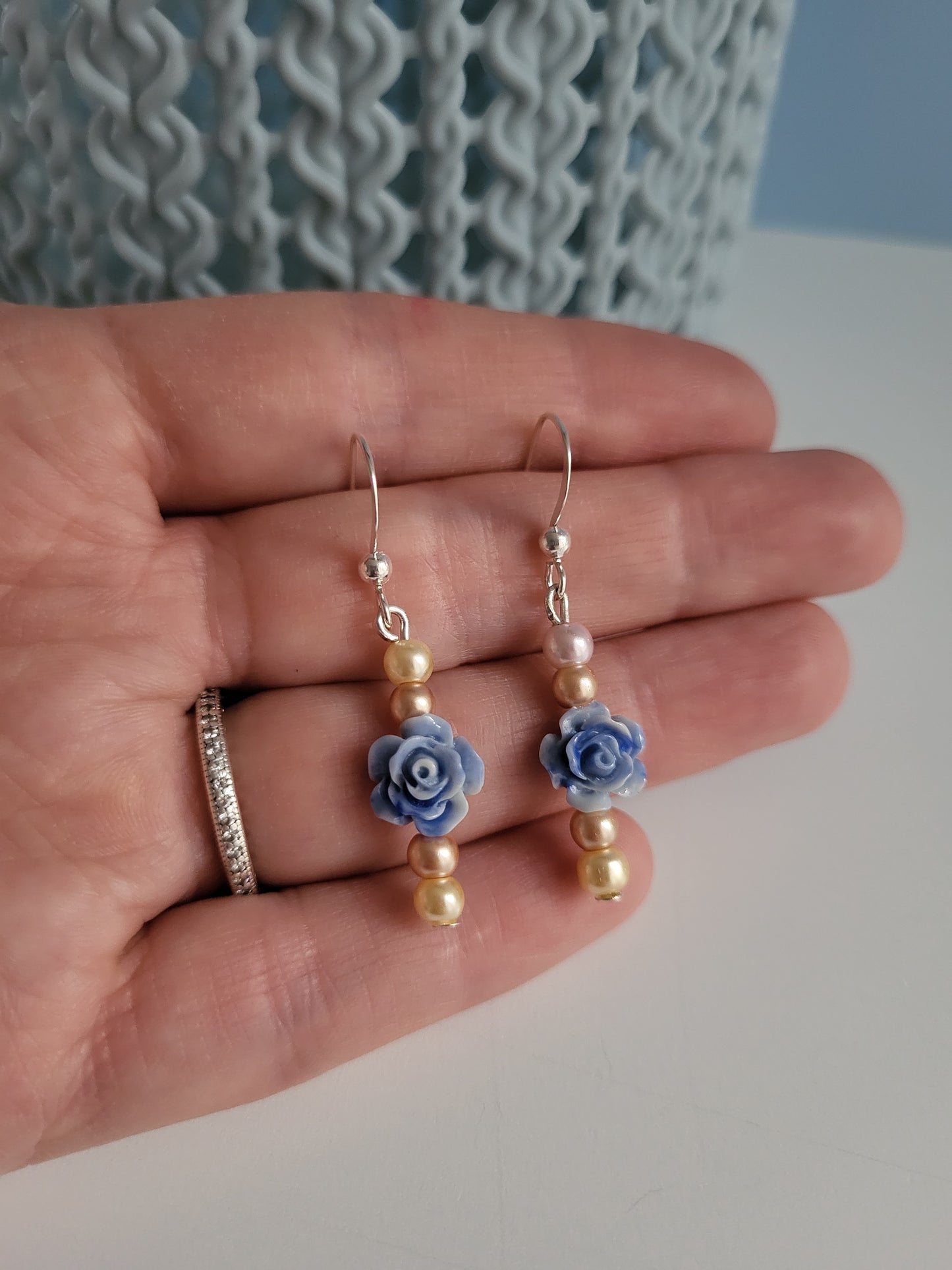 Blue Rose and Faux Pearl Earring and Necklace Set. One of a Kind