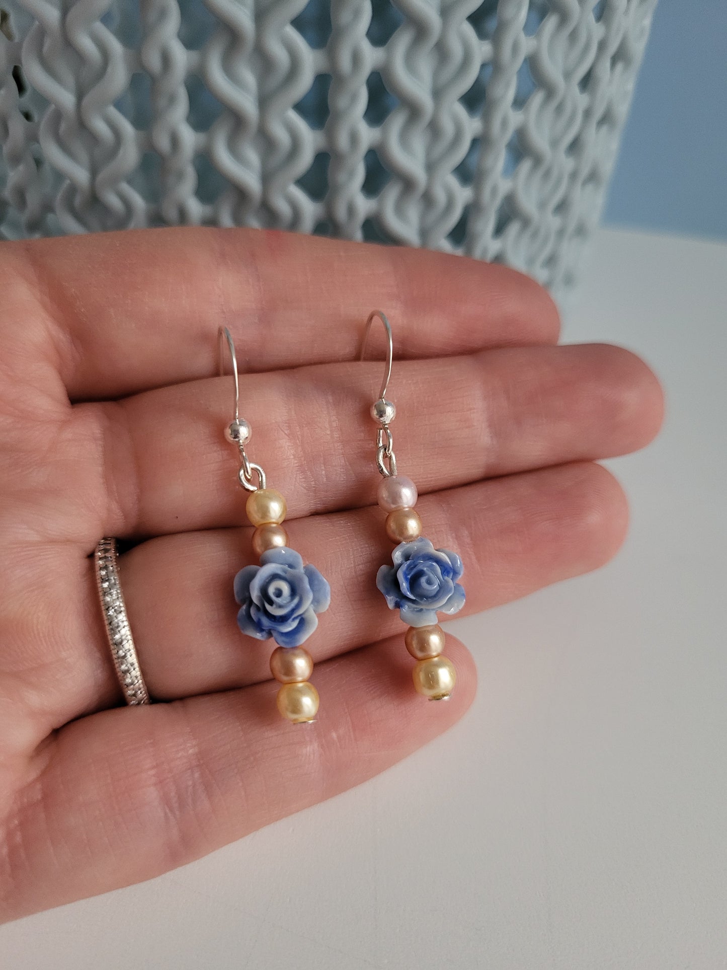 Blue Rose and Faux Pearl Earring and Necklace Set. One of a Kind