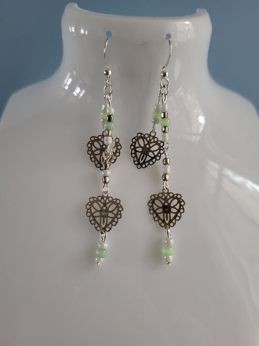 Dainty Silver Tone Lace Hearts Silver, White and Pale Green Beaded Earrings. Recycled, Upcycled, One of a Kind