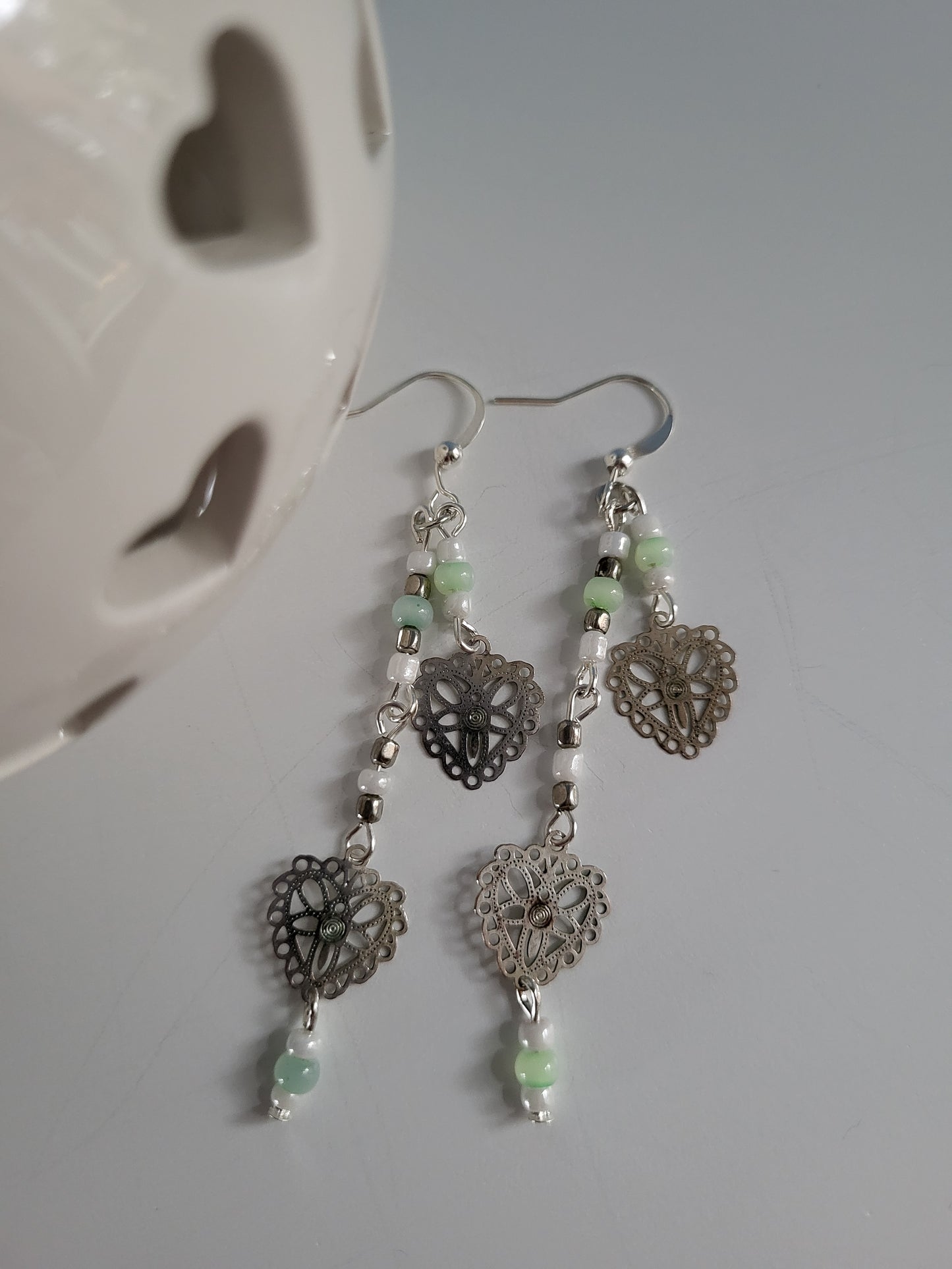 Dainty Silver Tone Lace Hearts Silver, White and Pale Green Beaded Earrings. Recycled, Upcycled, One of a Kind