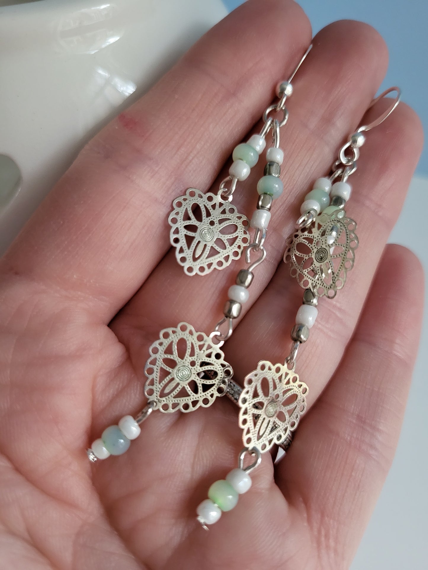 Dainty Silver Tone Lace Hearts Silver, White and Pale Green Beaded Earrings. Recycled, Upcycled, One of a Kind