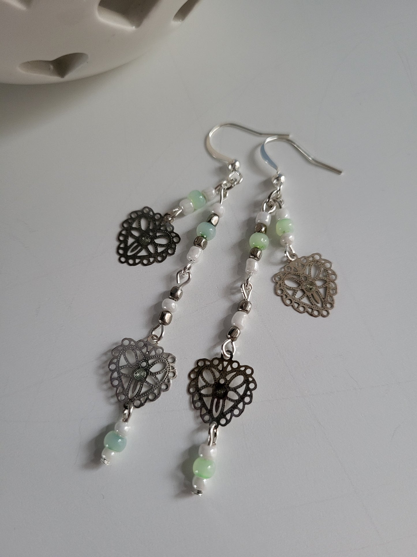 Dainty Silver Tone Lace Hearts Silver, White and Pale Green Beaded Earrings. Recycled, Upcycled, One of a Kind