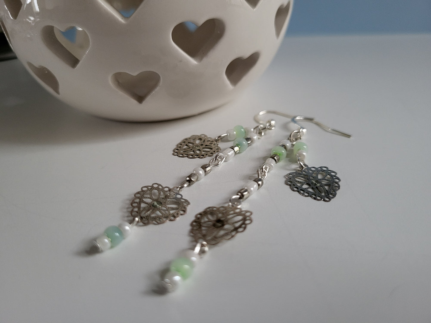 Dainty Silver Tone Lace Hearts Silver, White and Pale Green Beaded Earrings. Recycled, Upcycled, One of a Kind