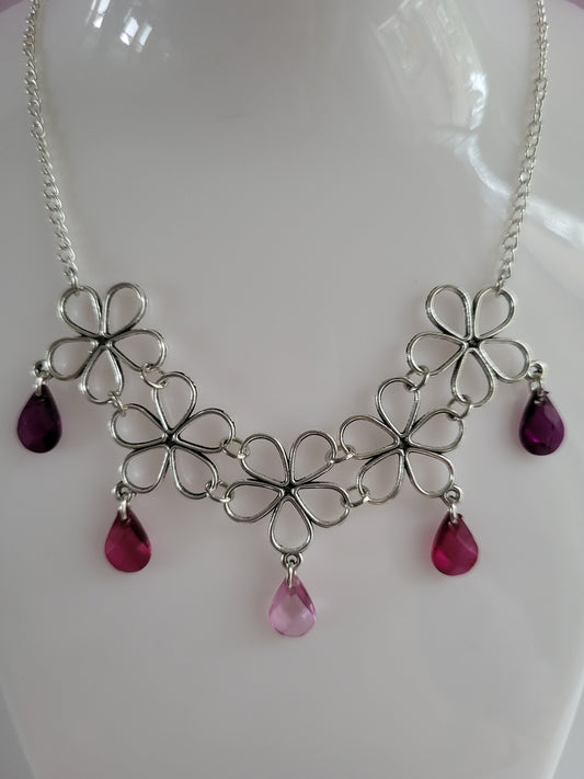 Silver Tone Daisy Flower Bib Necklace with Pink and Red Gems. One of a Kind