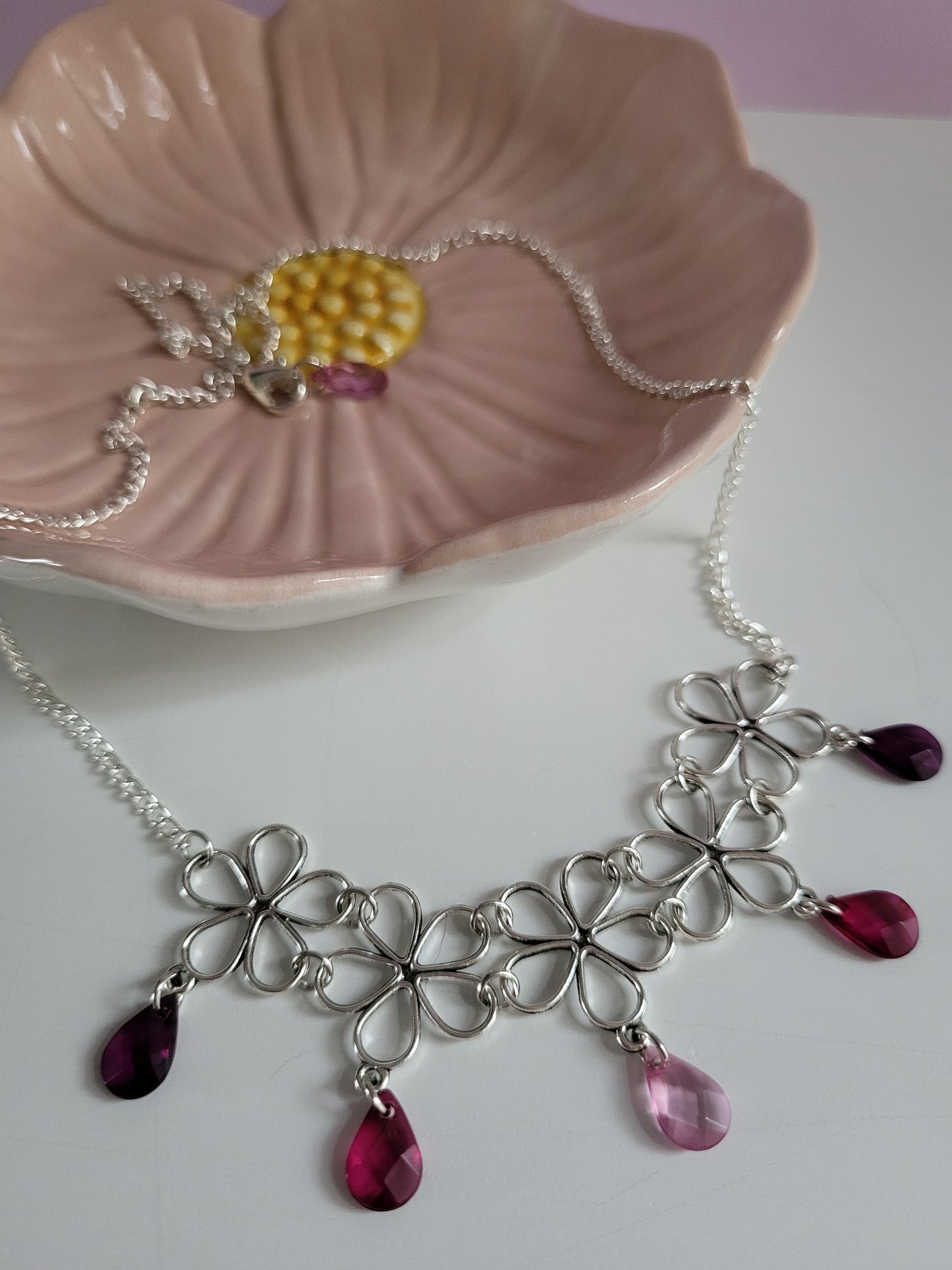 Silver Tone Daisy Flower Bib Necklace with Pink and Red Gems. One of a Kind