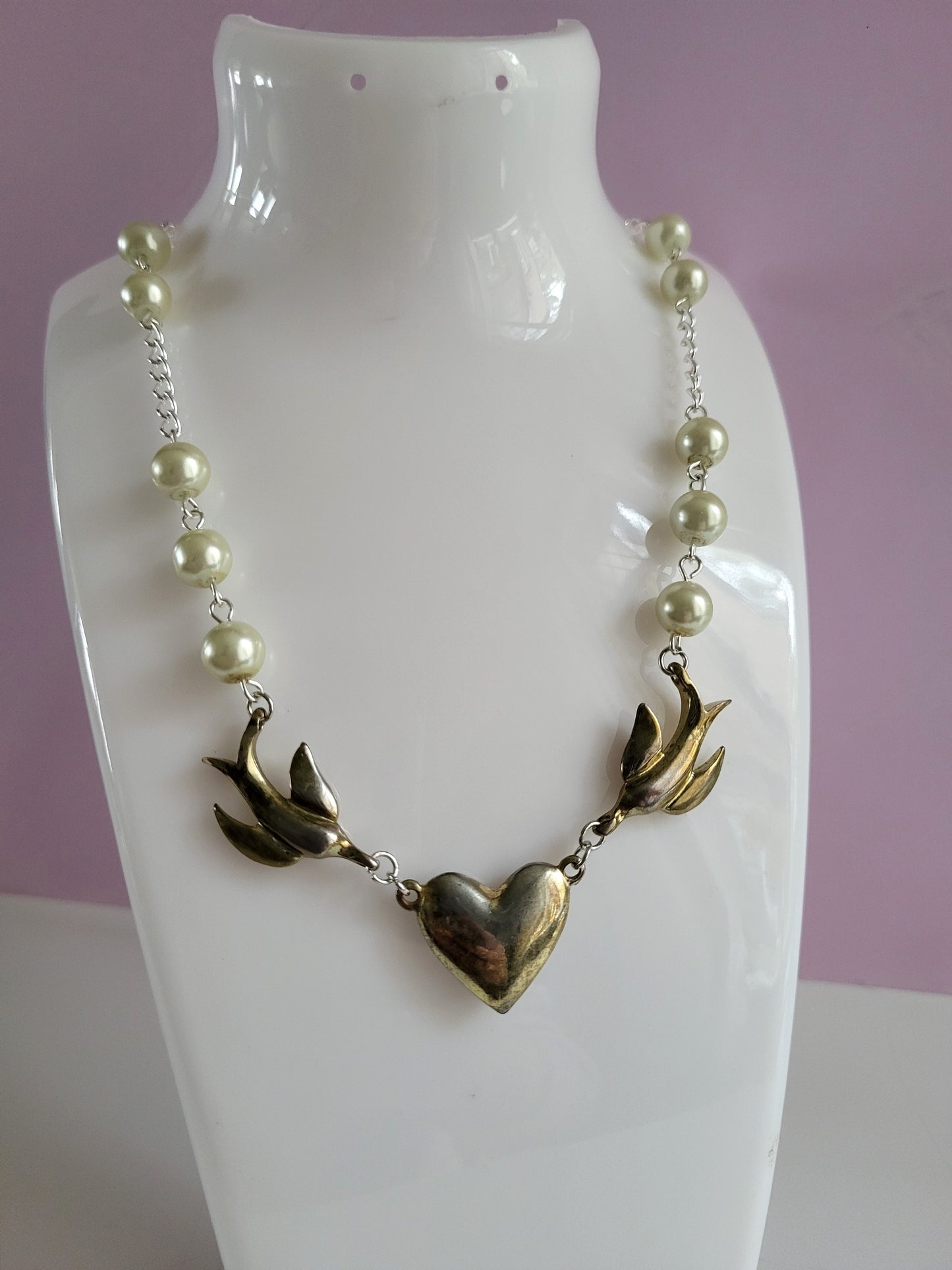 Silver Tone Love Birds Necklace with Faux Pearl Detail.  Recycled, Upcycled, One of a Kind