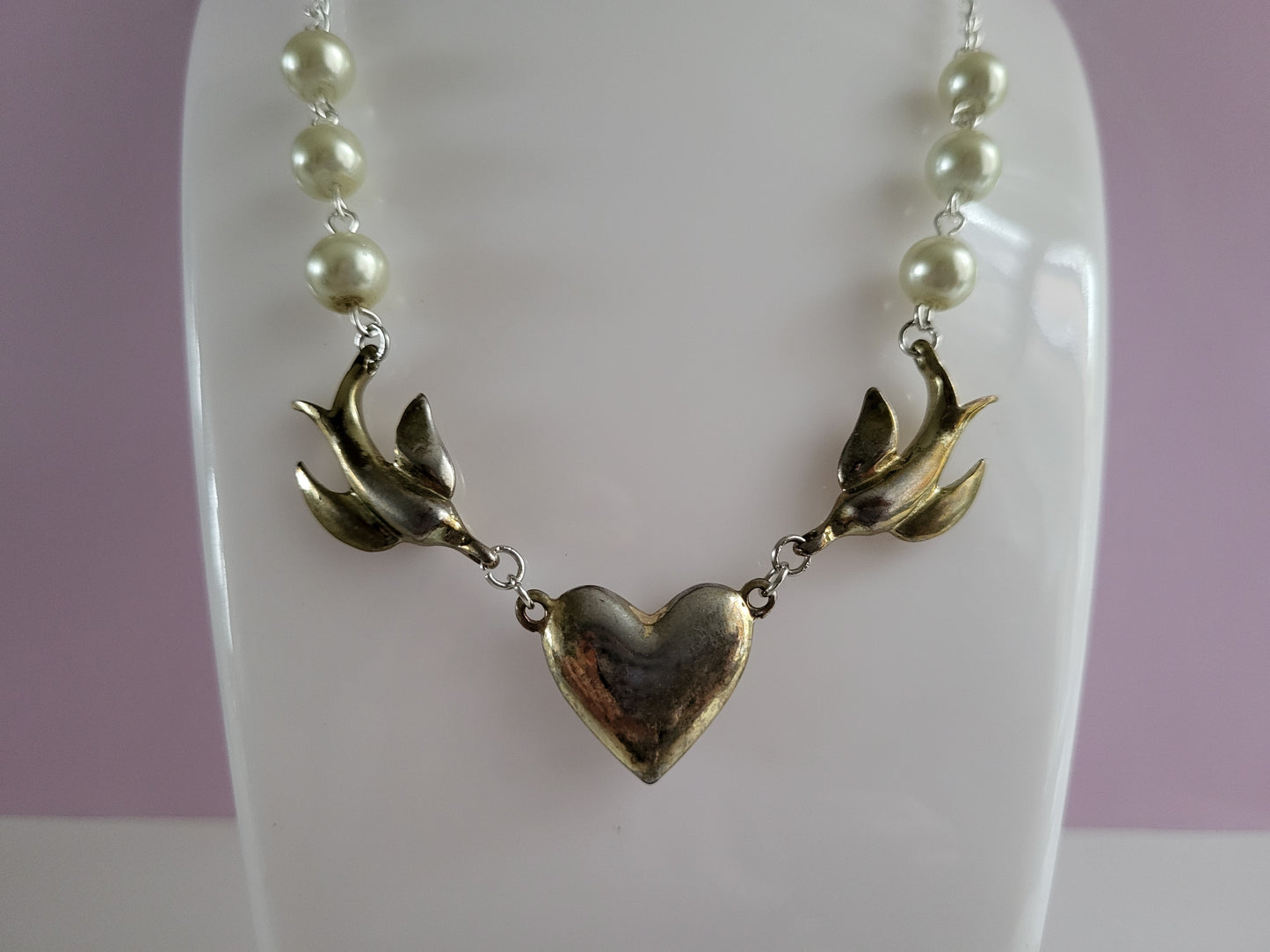 Silver Tone Love Birds Necklace with Faux Pearl Detail.  Recycled, Upcycled, One of a Kind