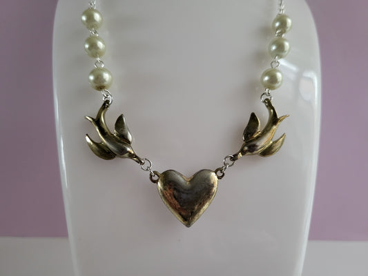 Silver Tone Love Birds Necklace with Faux Pearl Detail.  Recycled, Upcycled, One of a Kind