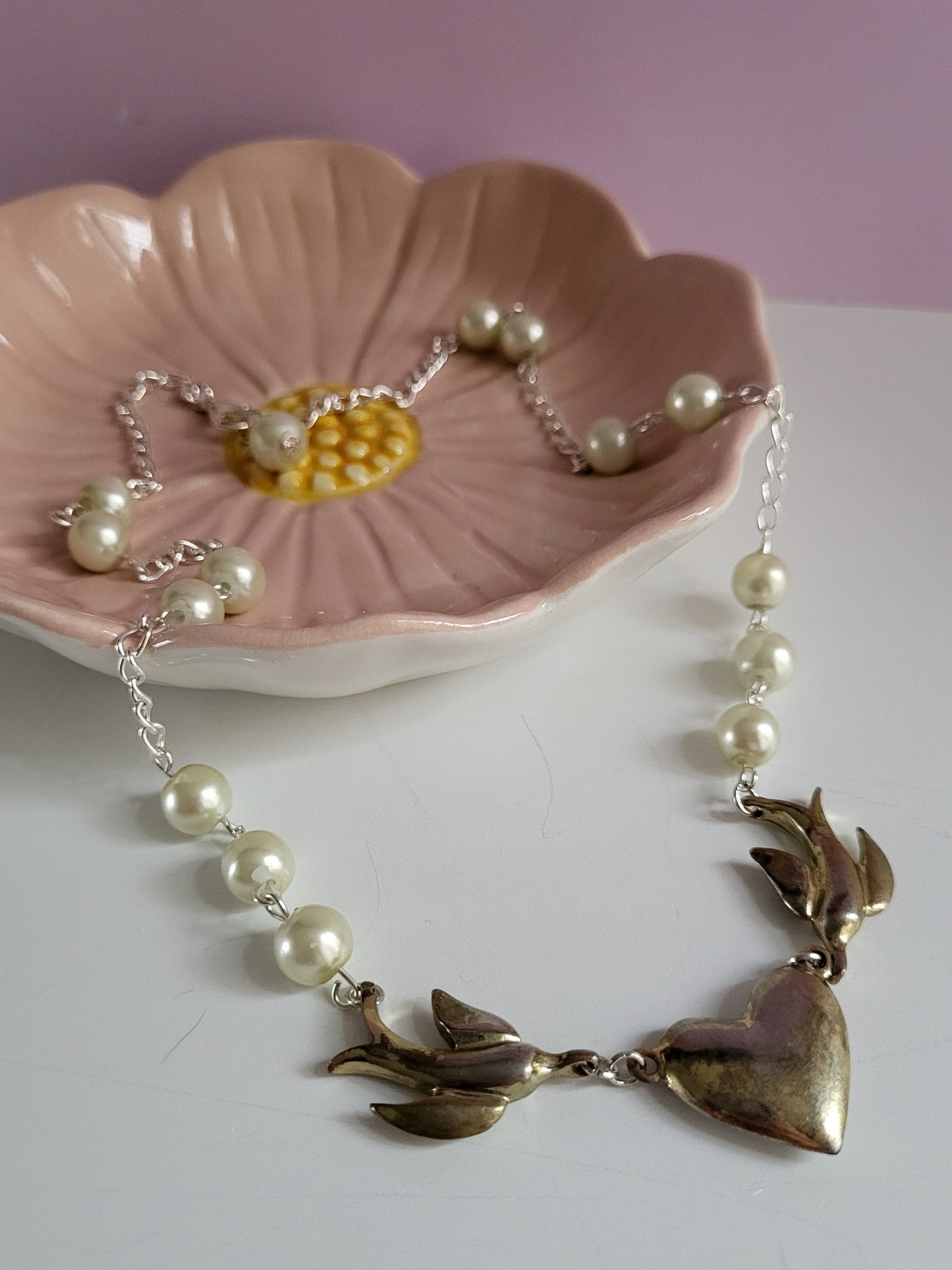 Silver Tone Love Birds Necklace with Faux Pearl Detail.  Recycled, Upcycled, One of a Kind