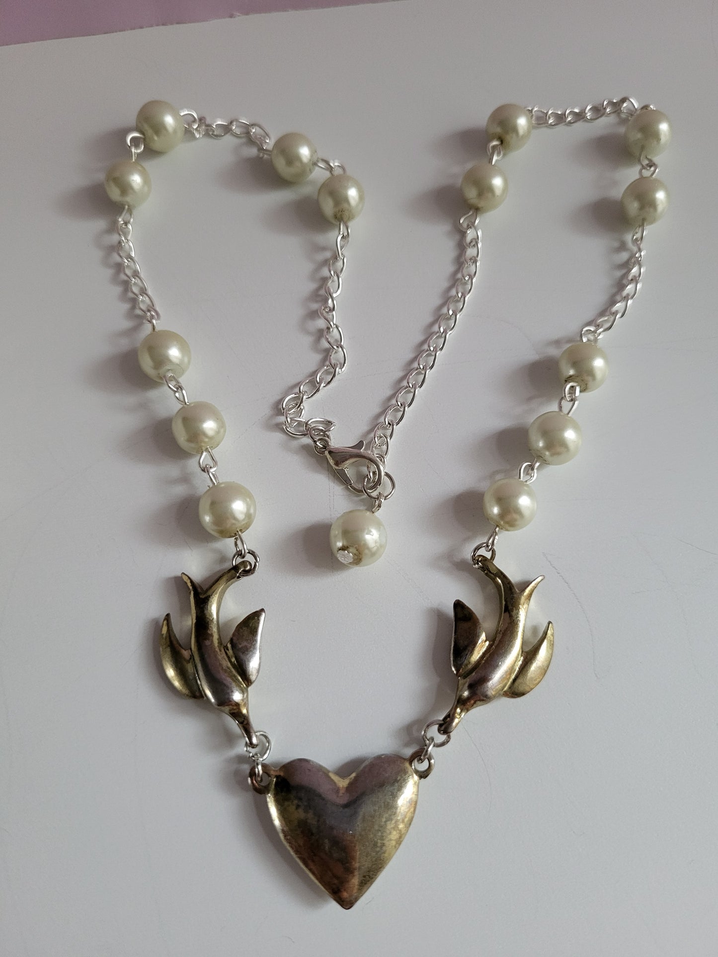 Silver Tone Love Birds Necklace with Faux Pearl Detail.  Recycled, Upcycled, One of a Kind