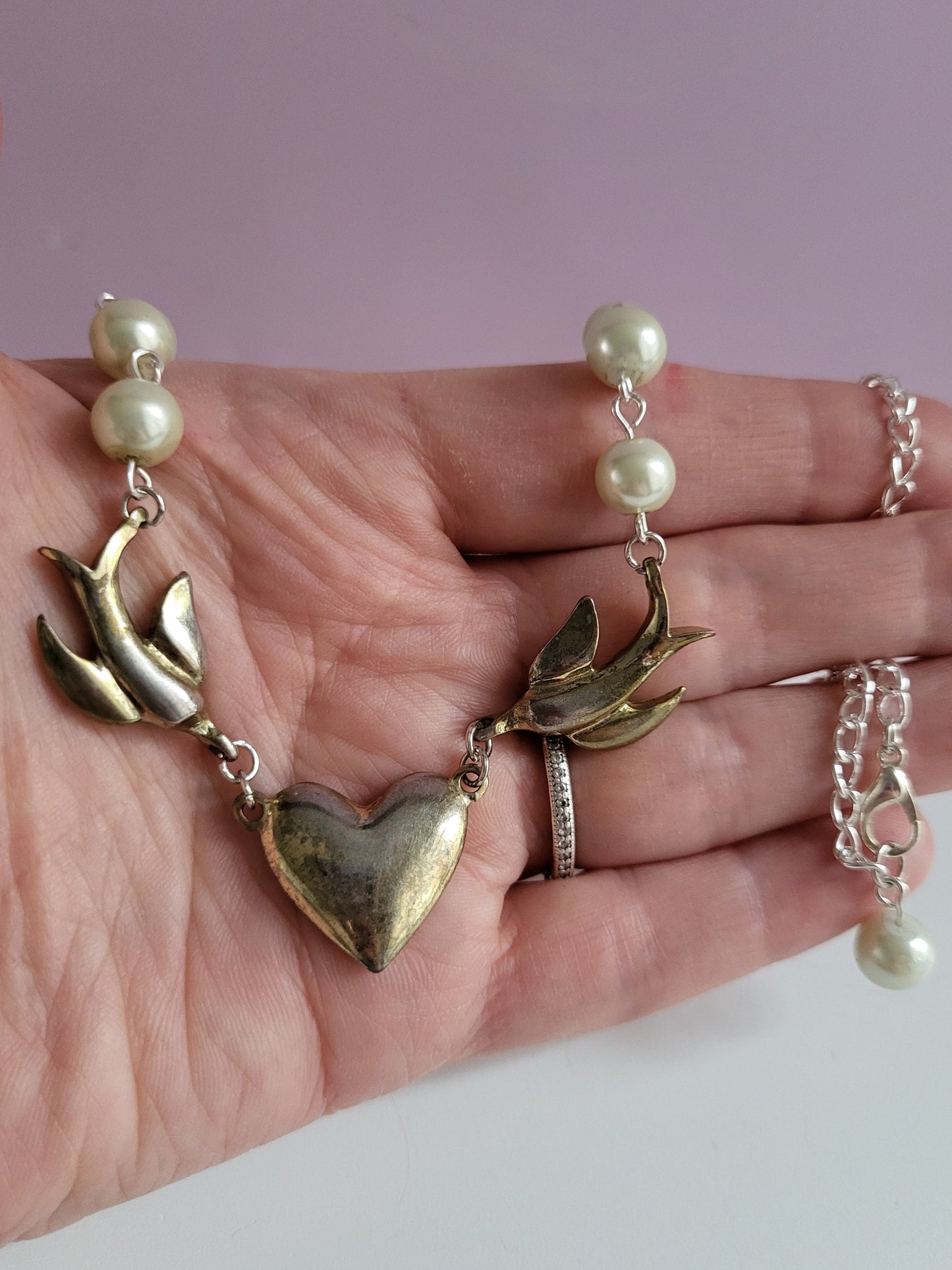 Silver Tone Love Birds Necklace with Faux Pearl Detail.  Recycled, Upcycled, One of a Kind