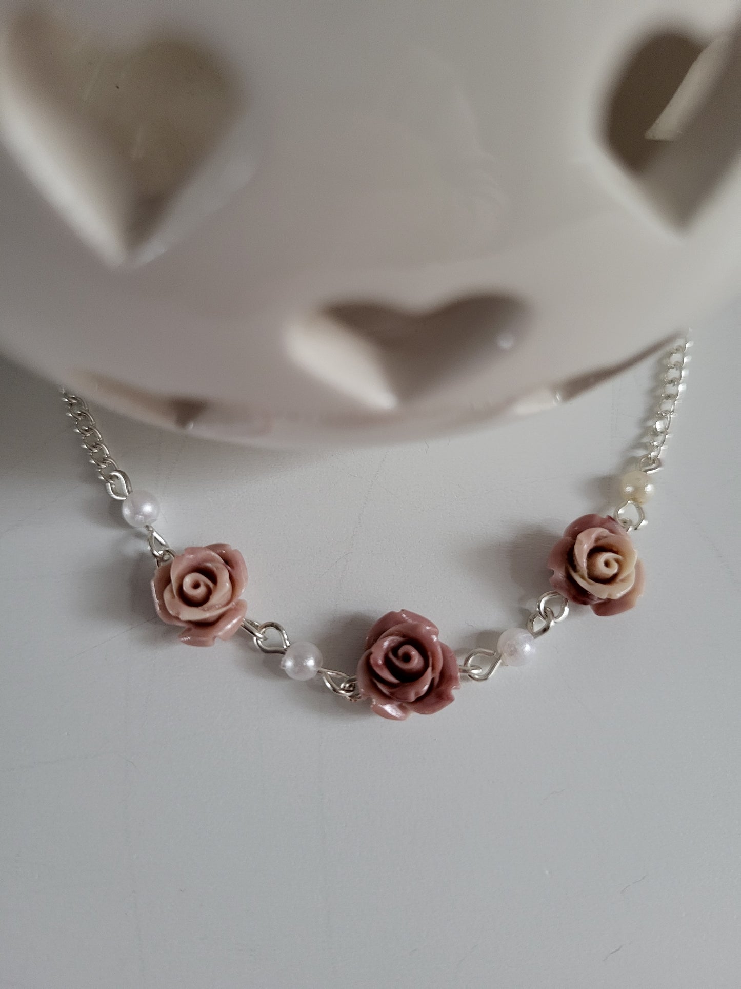 Pink Rose and Faux Pearl Earring and Necklace Set.  One of a Kind