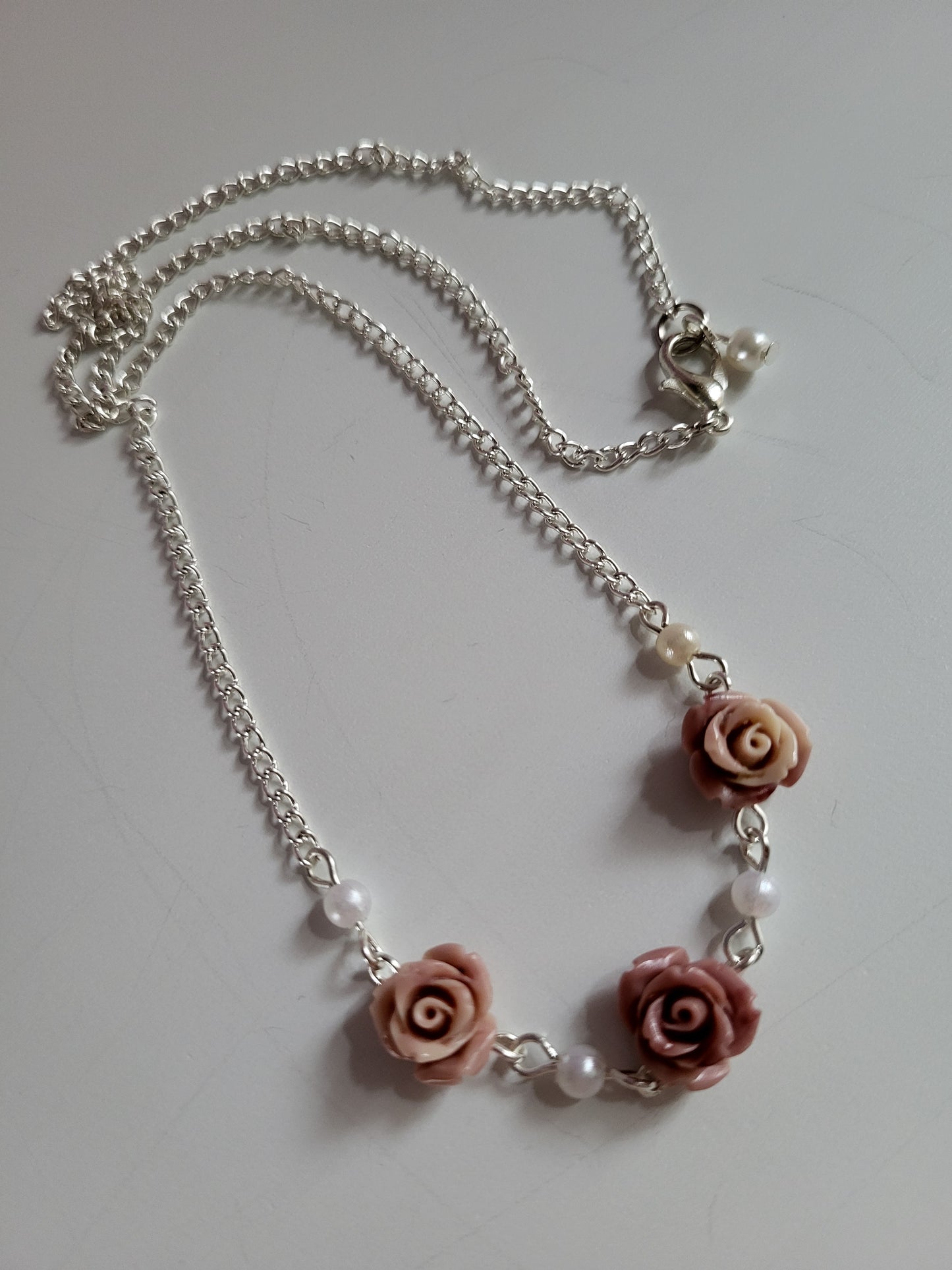 Pink Rose and Faux Pearl Earring and Necklace Set.  One of a Kind