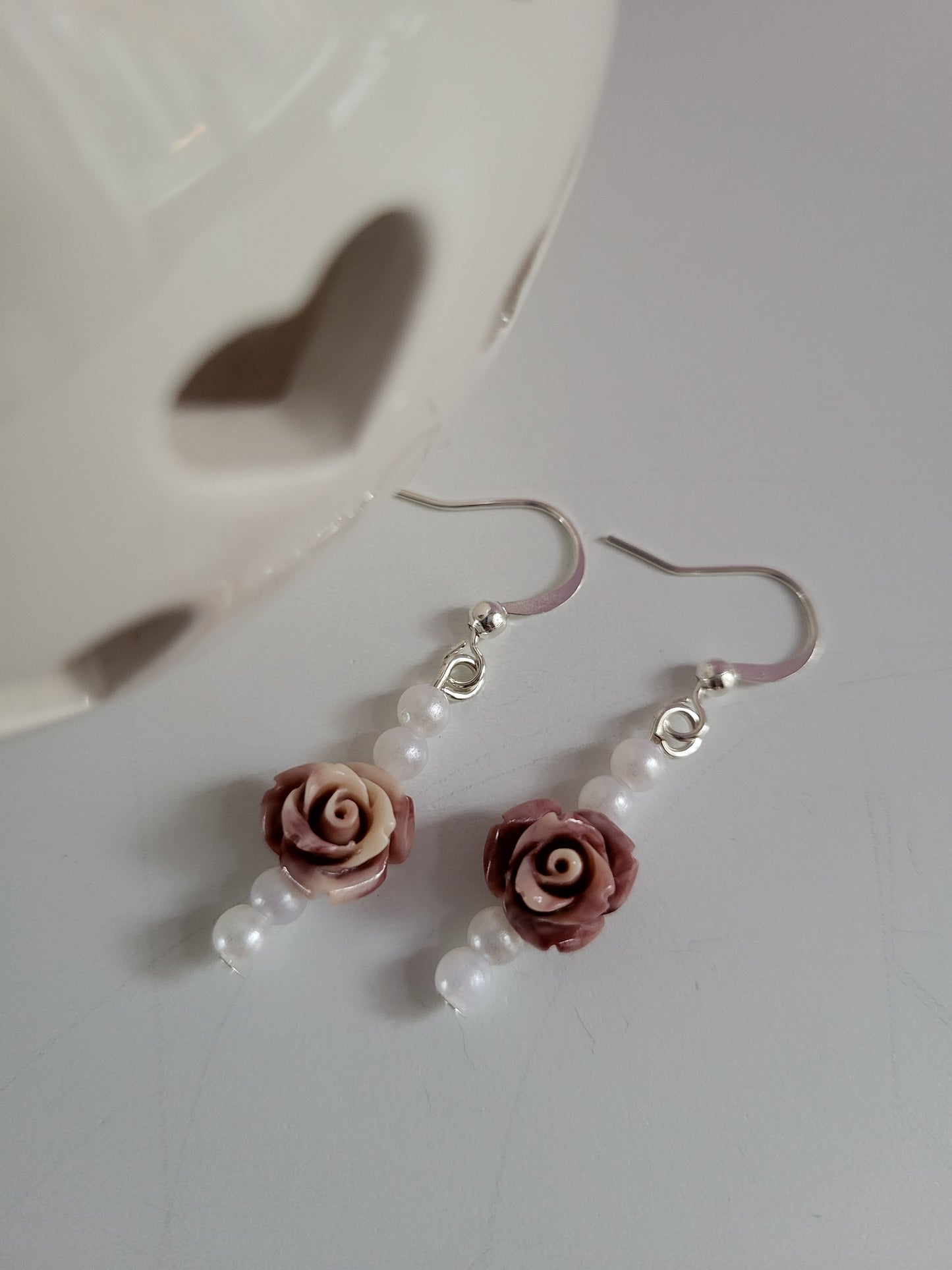 Pink Rose and Faux Pearl Earring and Necklace Set.  One of a Kind