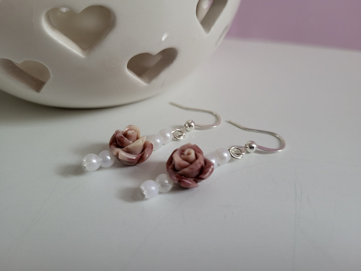 Pink Rose and Faux Pearl Earring and Necklace Set.  One of a Kind