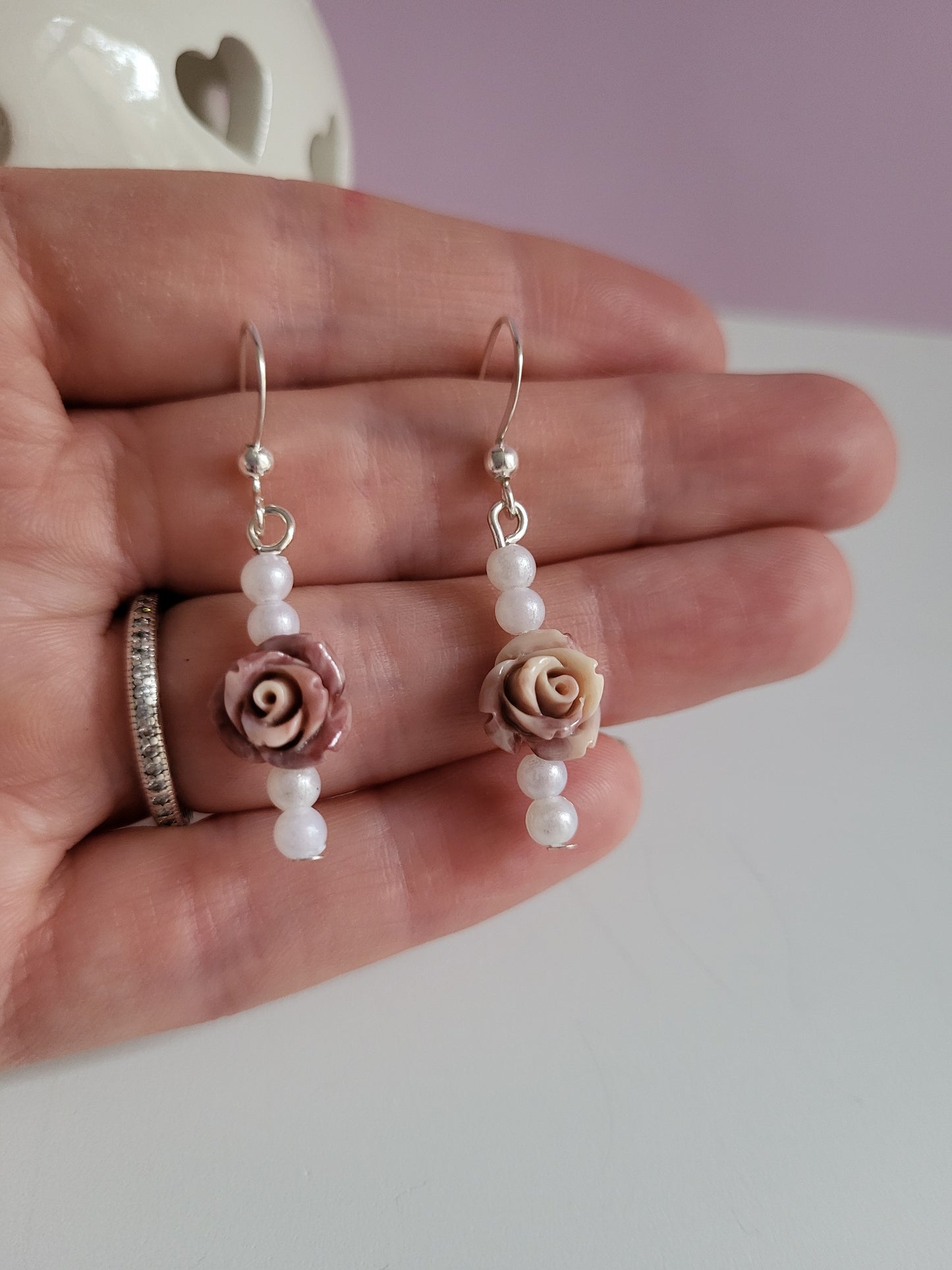 Pink Rose and Faux Pearl Earring and Necklace Set.  One of a Kind