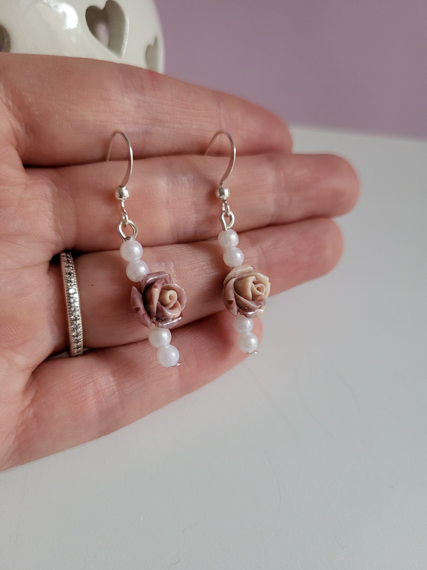 Pink Rose and Faux Pearl Earring and Necklace Set.  One of a Kind