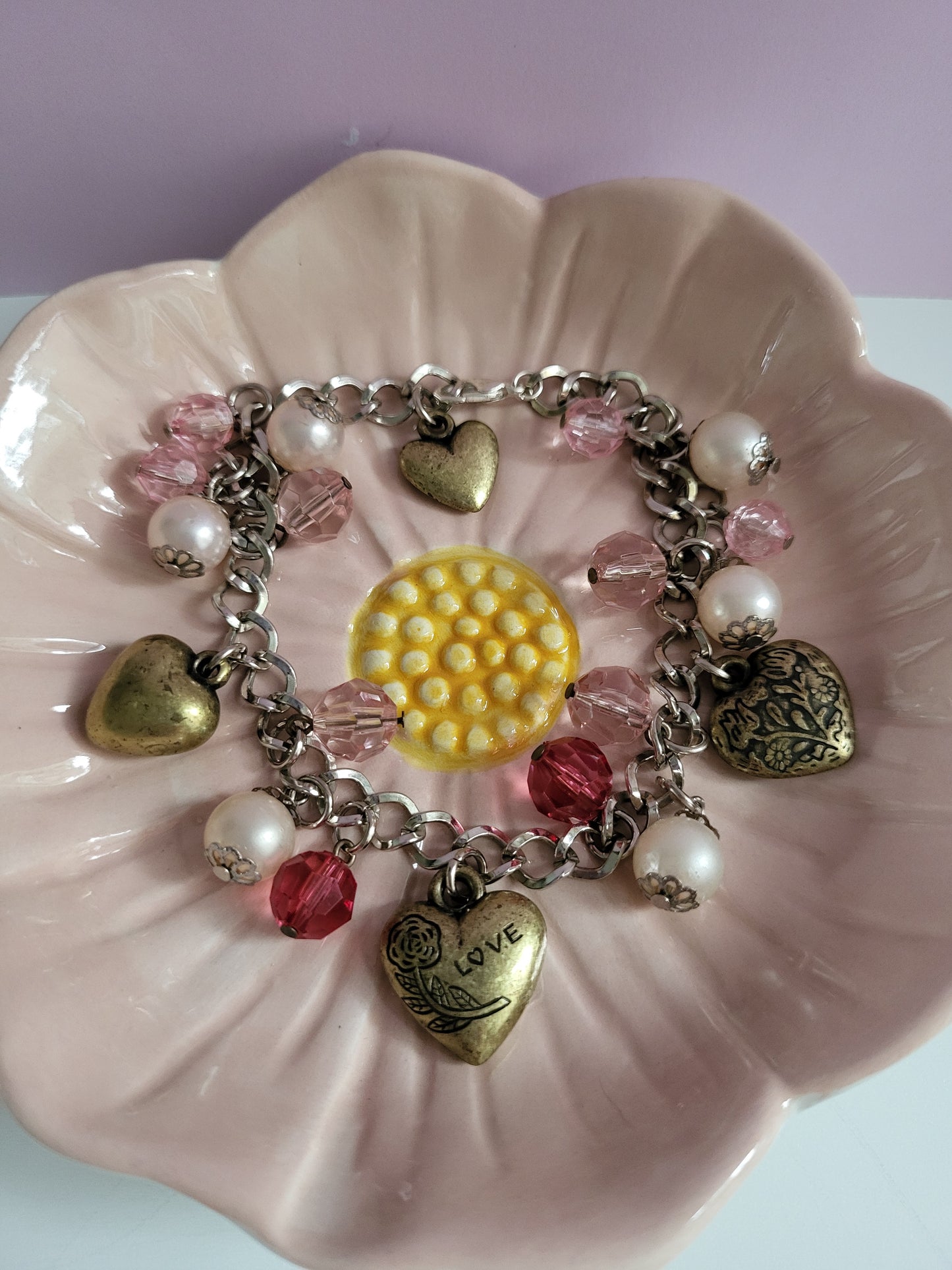 Pink and Silver Heart Charm Bracelet with Faux Pearls. Recycled, Upcycled, One of a Kind