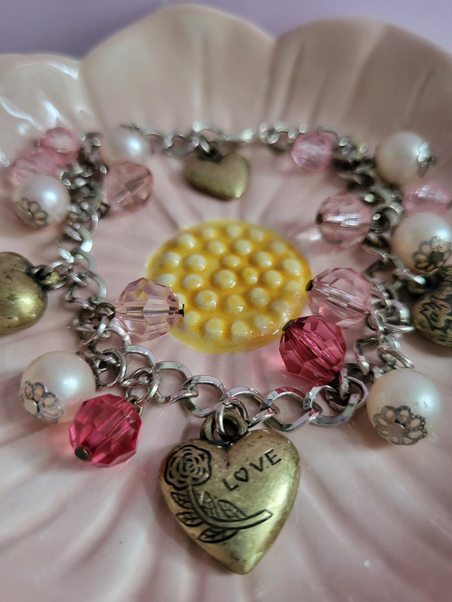 Pink and Silver Heart Charm Bracelet with Faux Pearls. Recycled, Upcycled, One of a Kind