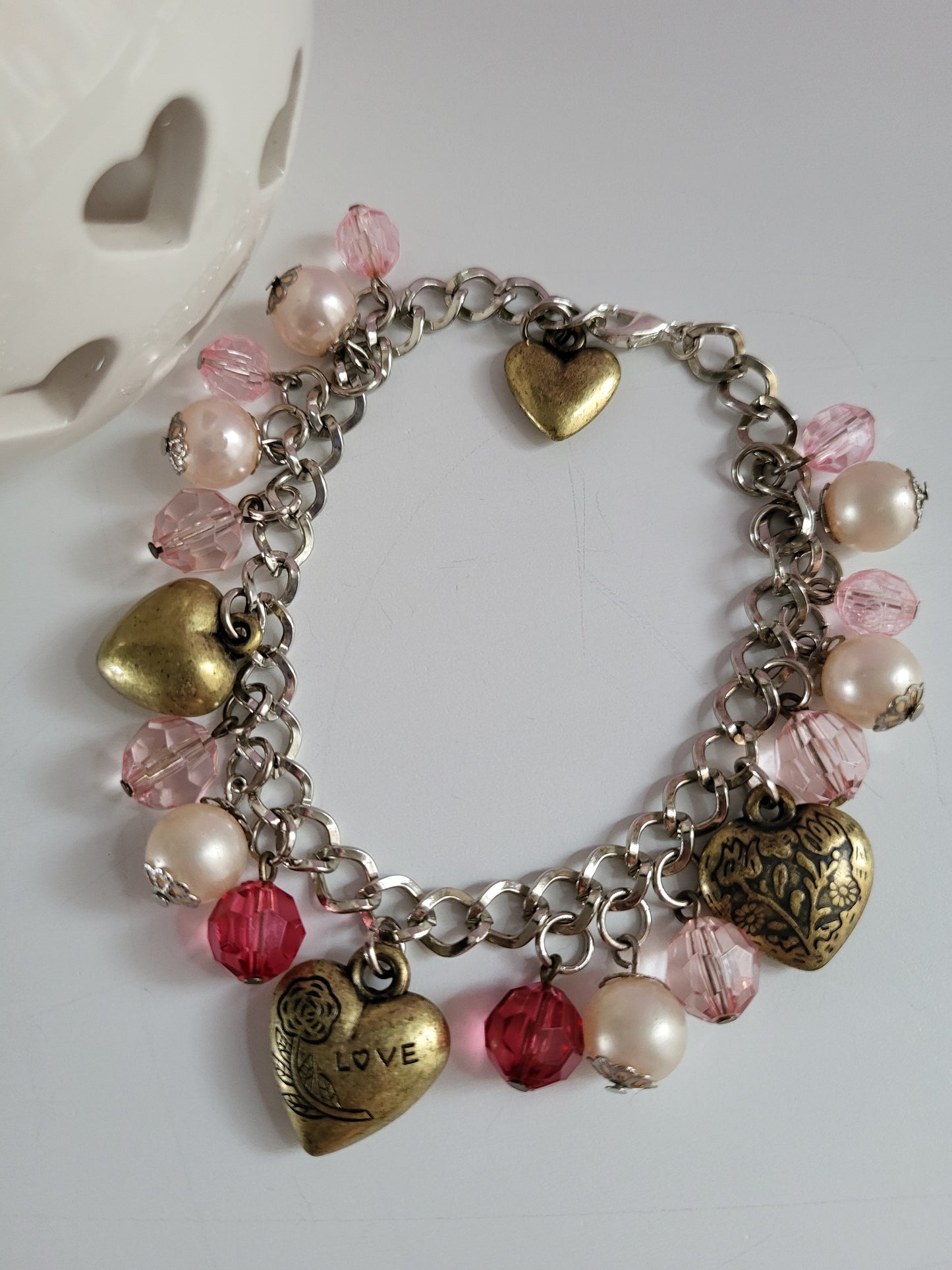 Pink and Silver Heart Charm Bracelet with Faux Pearls. Recycled, Upcycled, One of a Kind