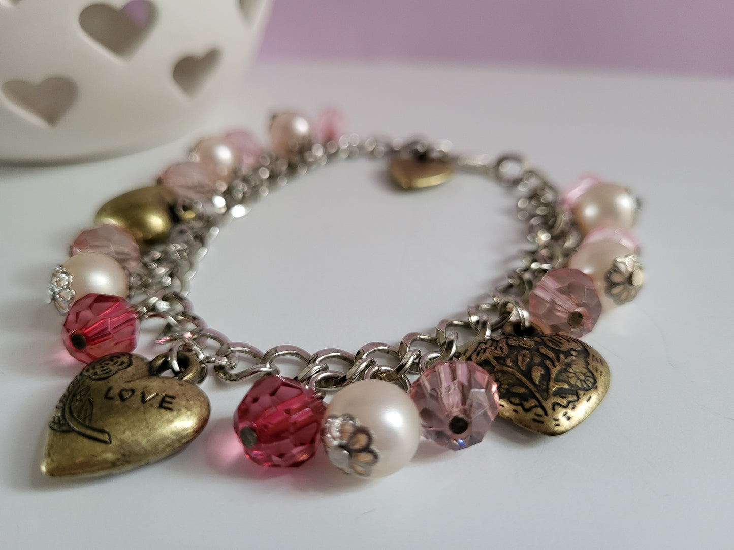 Pink and Silver Heart Charm Bracelet with Faux Pearls. Recycled, Upcycled, One of a Kind