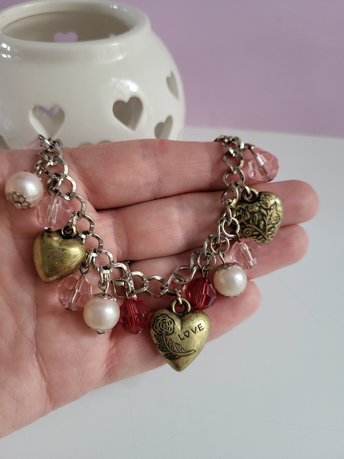 Pink and Silver Heart Charm Bracelet with Faux Pearls. Recycled, Upcycled, One of a Kind