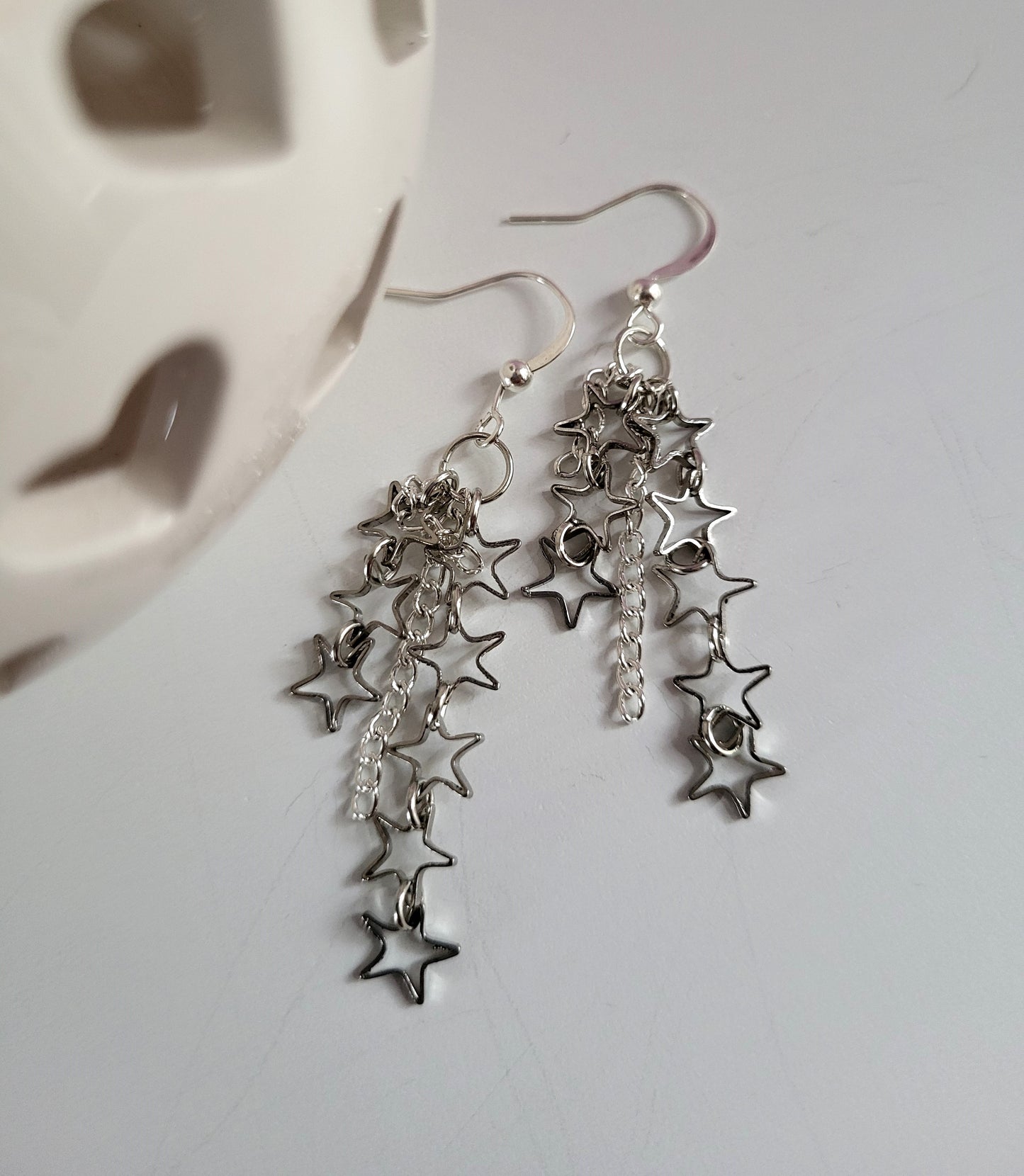 Silver Tone Star Burst Drop Earrings. Upcycled, Recycled, One of a Kind