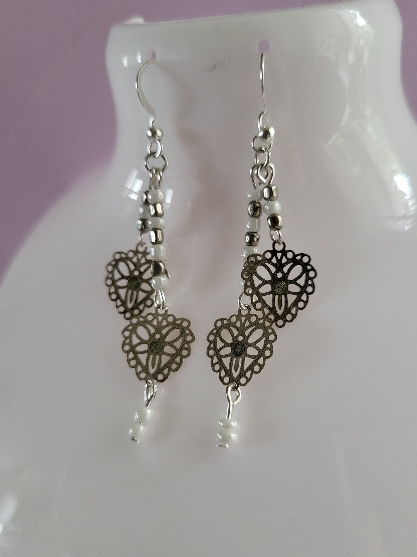 Dainty Silver Tone Lace Hearts Beaded Earrings. Recycled, Upcycled, One of a Kind