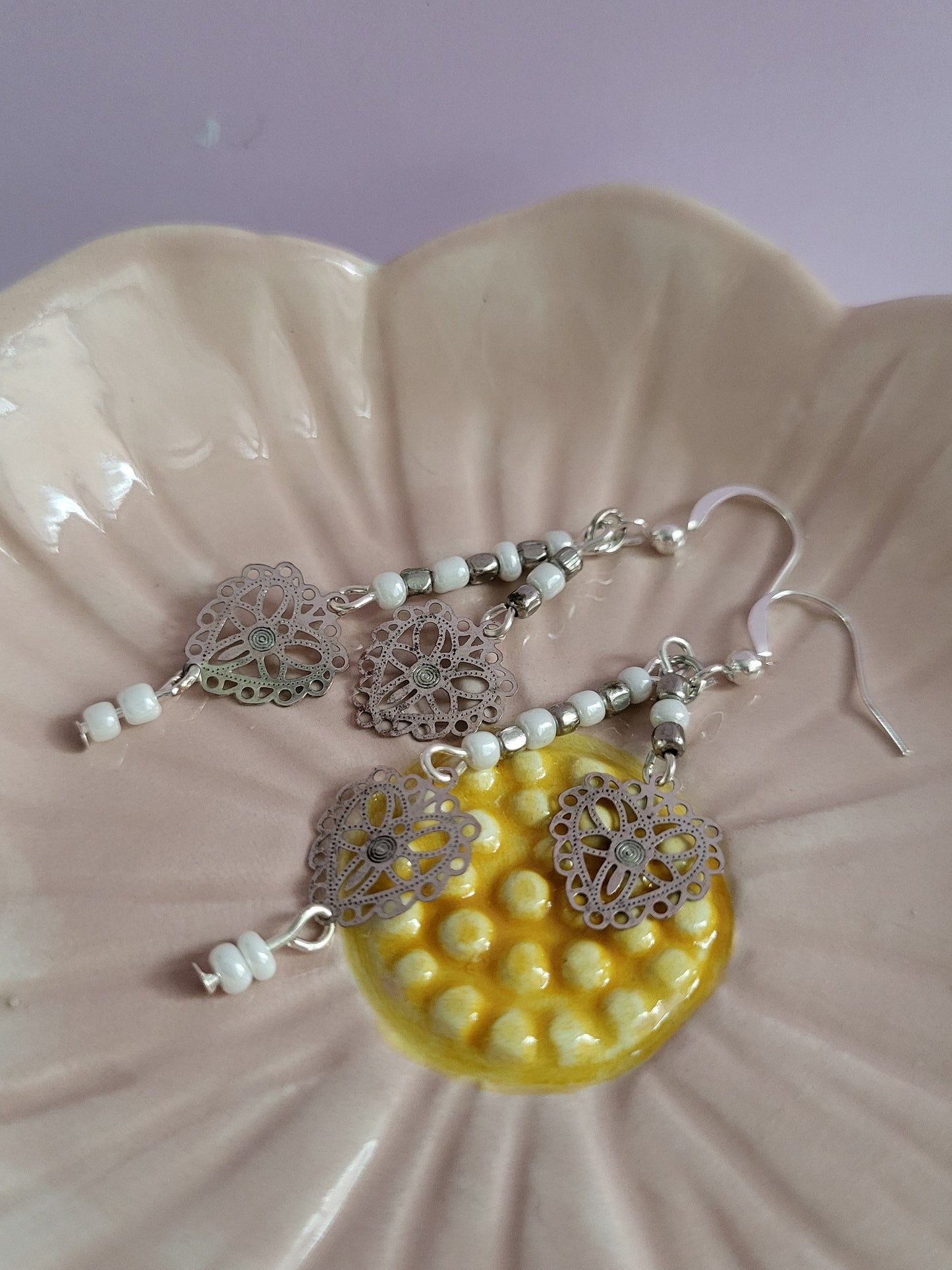 Dainty Silver Tone Lace Hearts Beaded Earrings. Recycled, Upcycled, One of a Kind