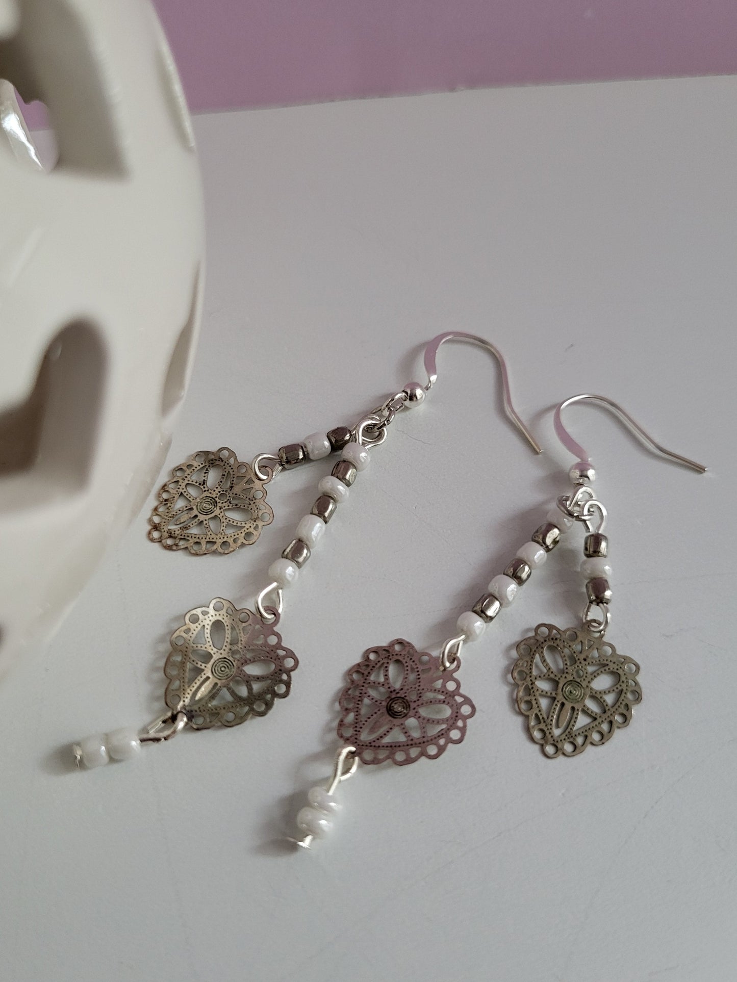 Dainty Silver Tone Lace Hearts Beaded Earrings. Recycled, Upcycled, One of a Kind