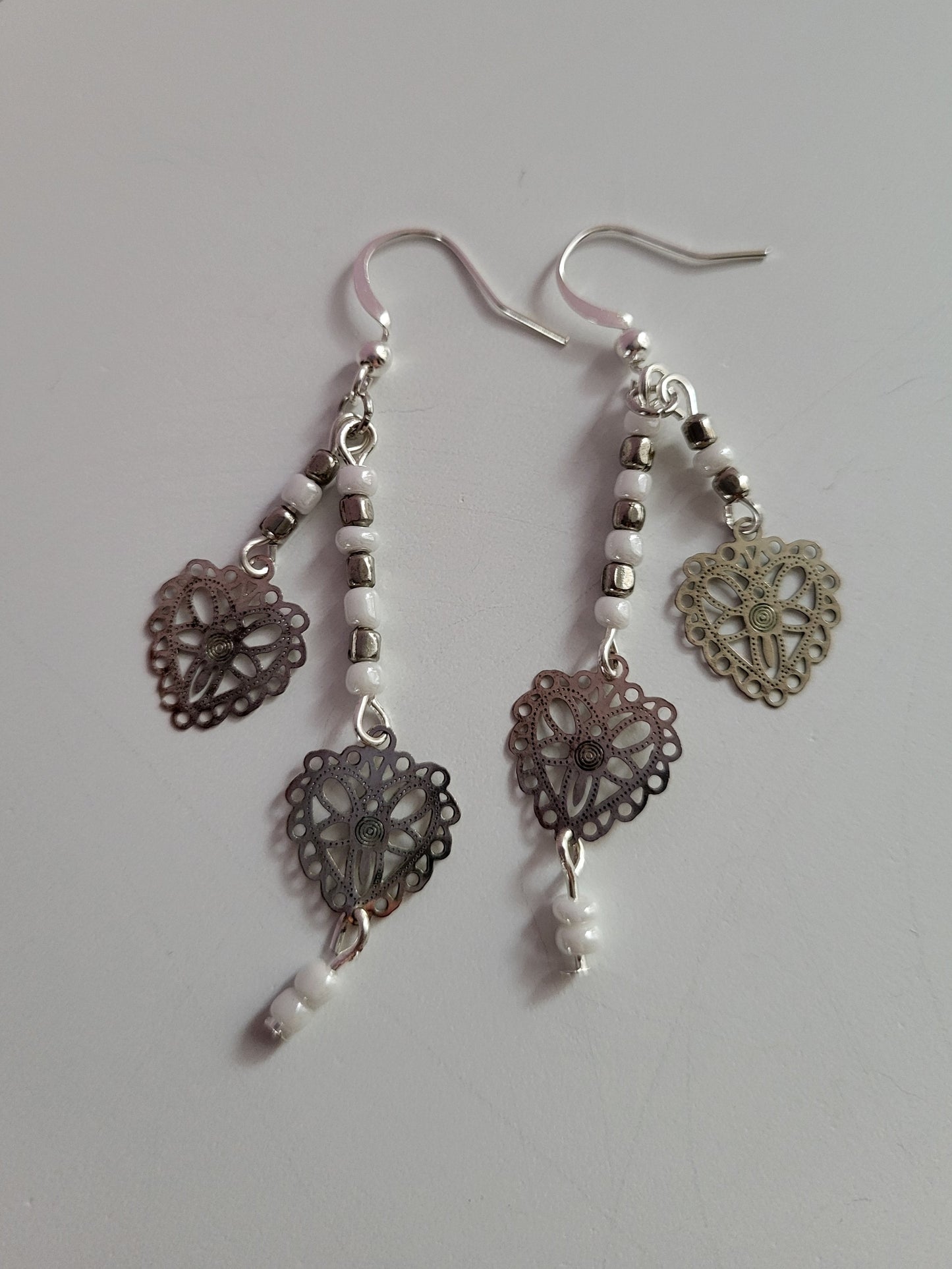 Dainty Silver Tone Lace Hearts Beaded Earrings. Recycled, Upcycled, One of a Kind