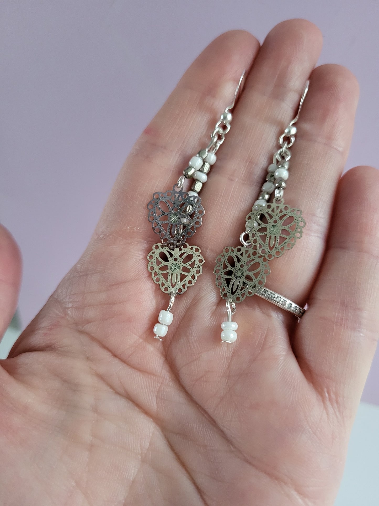 Dainty Silver Tone Lace Hearts Beaded Earrings. Recycled, Upcycled, One of a Kind