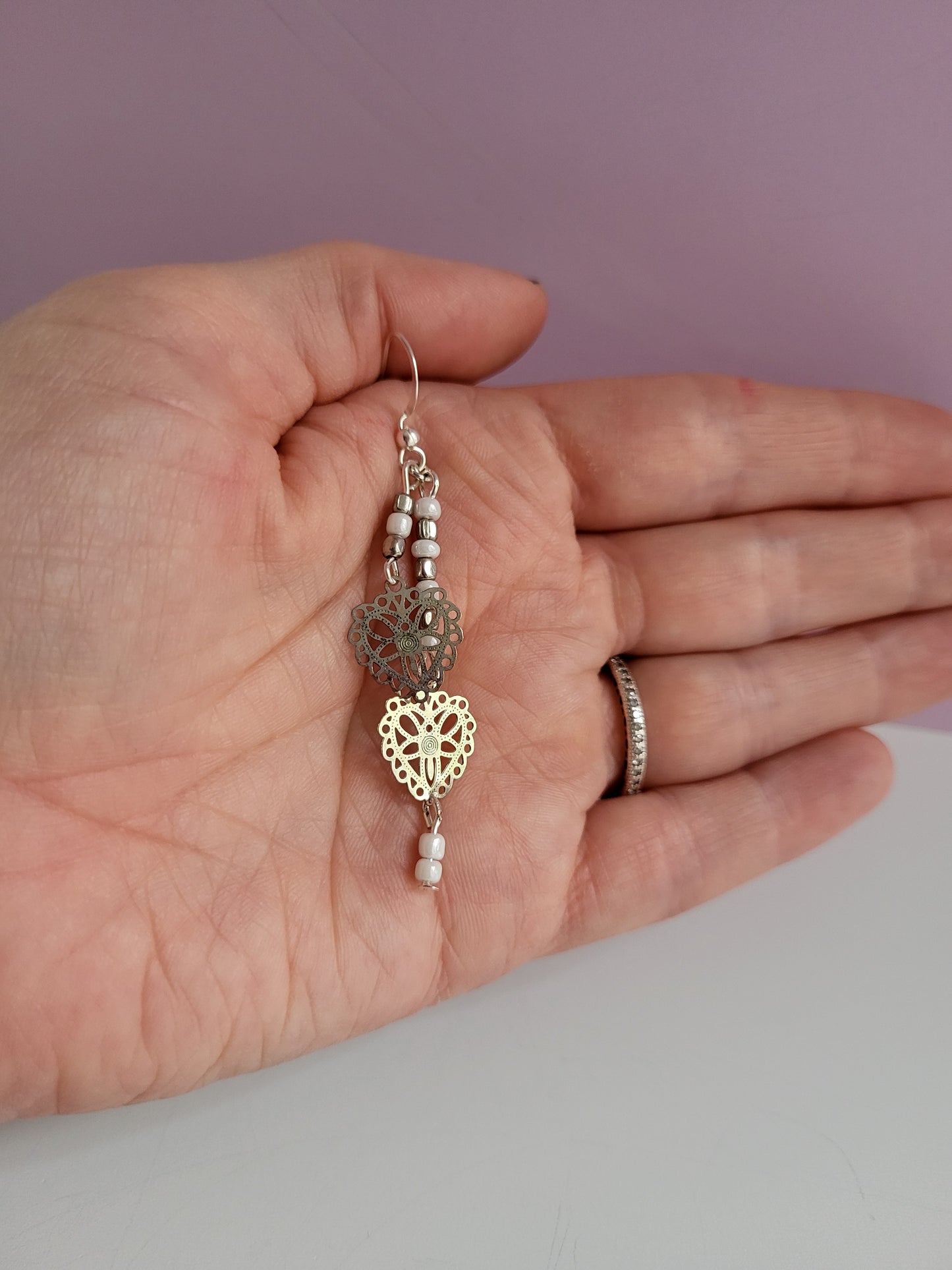 Dainty Silver Tone Lace Hearts Beaded Earrings. Recycled, Upcycled, One of a Kind