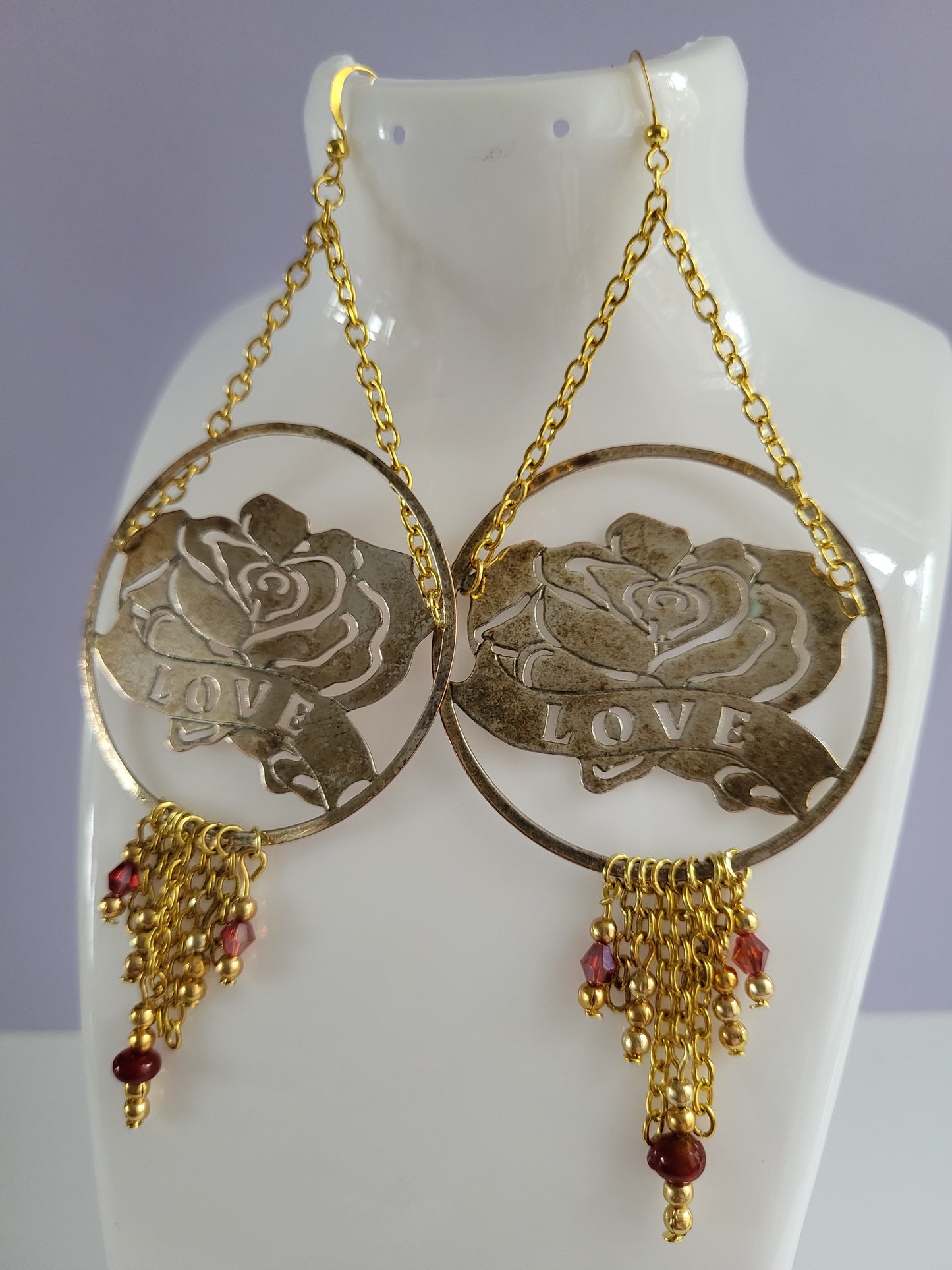 Gold Tone Love and Rose Cut Out Tassel Statement Earrings. Recycled, Upcycled, One Of A Kind