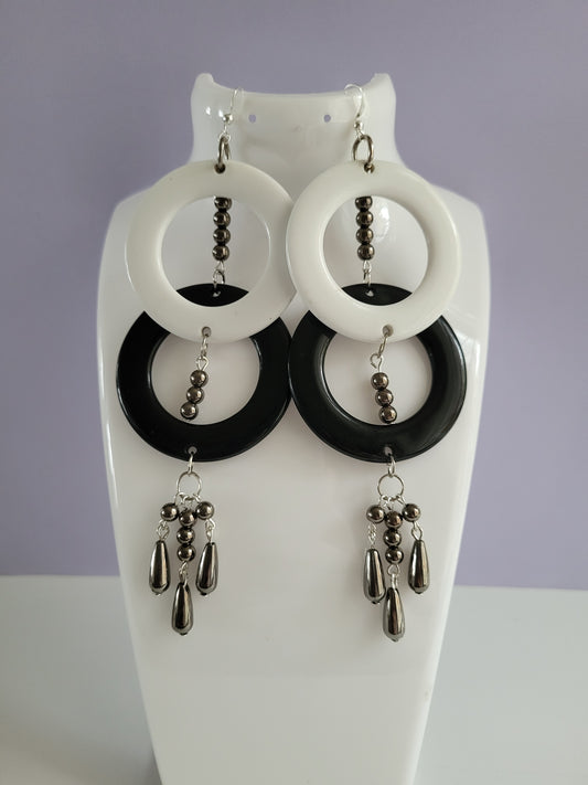 Black and White Ring Bold Statement Earrings with Bead Earrings. Recycled, Upcycled, One of a Kind