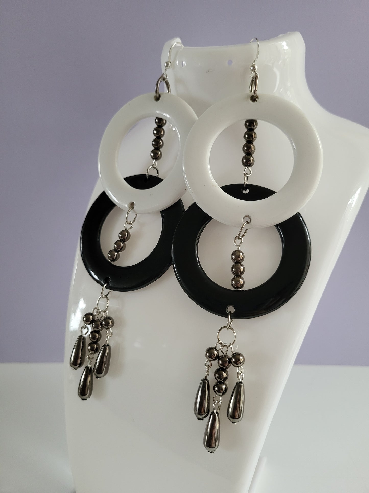 Black and White Ring Bold Statement Earrings with Bead Earrings. Recycled, Upcycled, One of a Kind