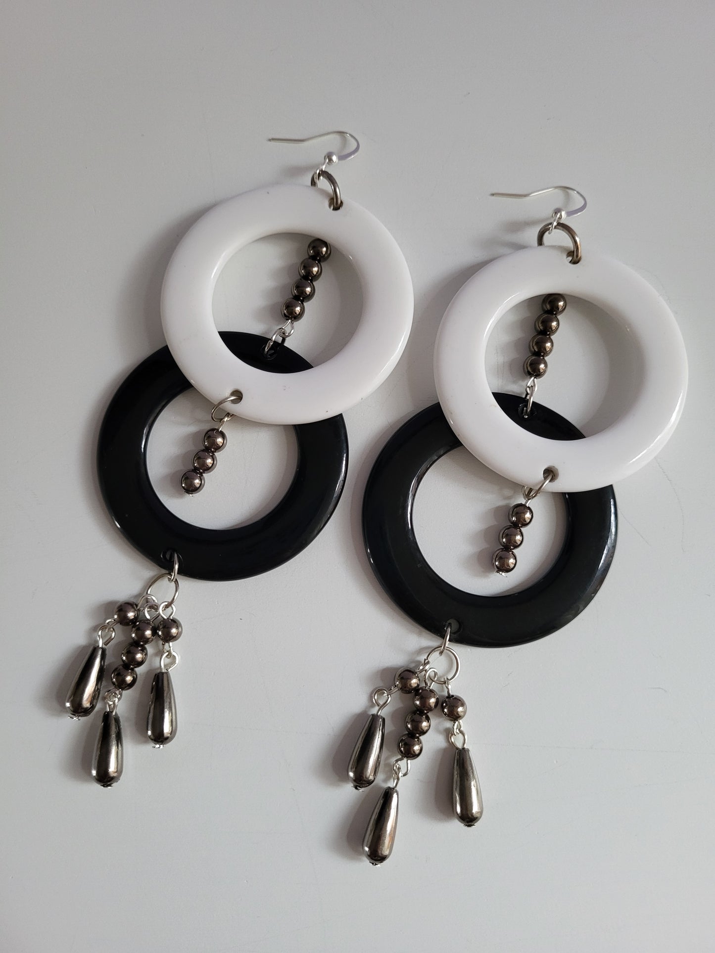 Black and White Ring Bold Statement Earrings with Bead Earrings. Recycled, Upcycled, One of a Kind