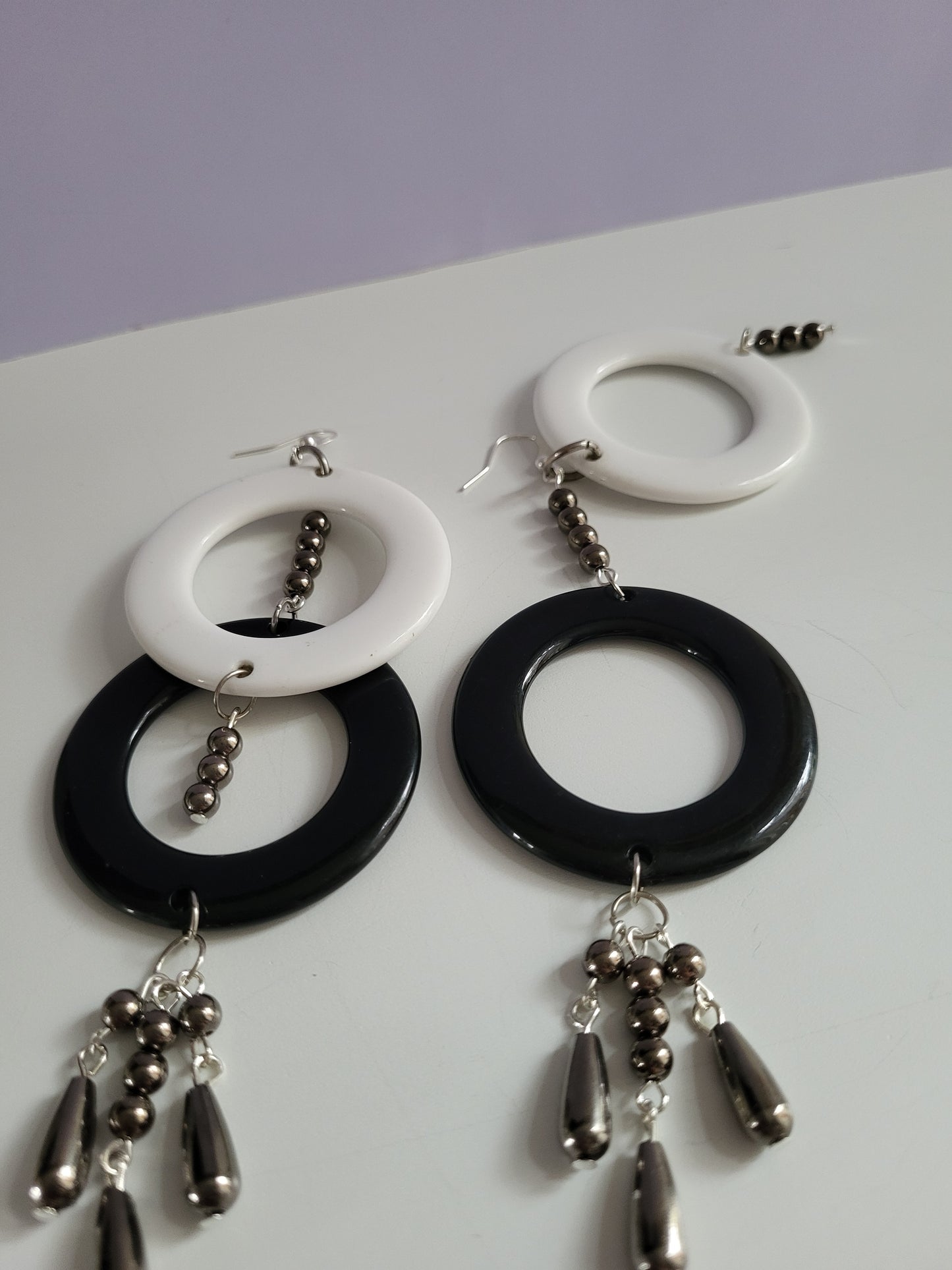 Black and White Ring Bold Statement Earrings with Bead Earrings. Recycled, Upcycled, One of a Kind