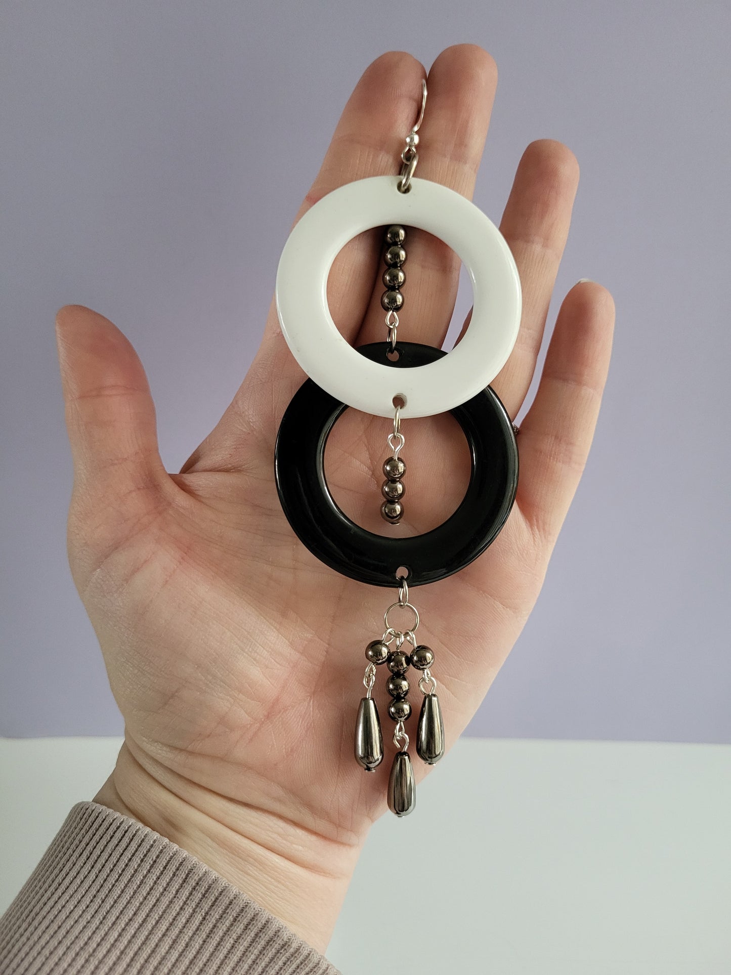 Black and White Ring Bold Statement Earrings with Bead Earrings. Recycled, Upcycled, One of a Kind