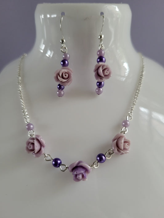 Lilac Rose and Faux Pearl Earring and Necklace Set. One of a Kind